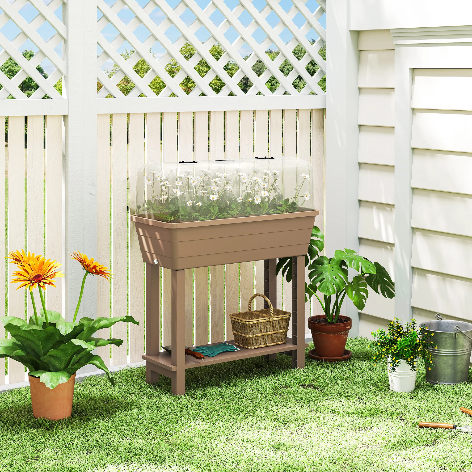 41L Self-Watering Raised Garden Bed with Lid and Shelf, Brown - Image 3