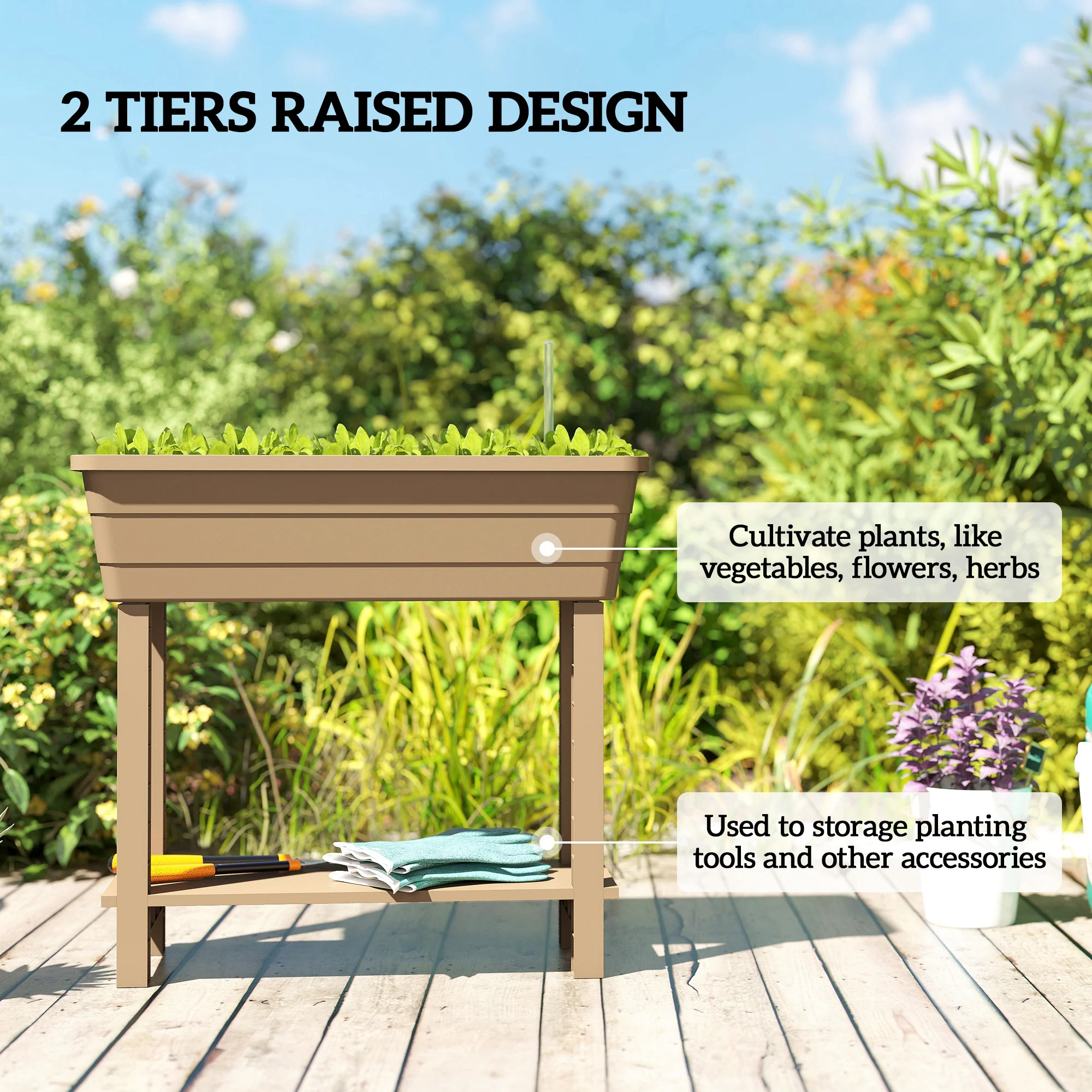 41L Self-Watering Raised Garden Bed with Lid and Shelf, Brown - Image 6