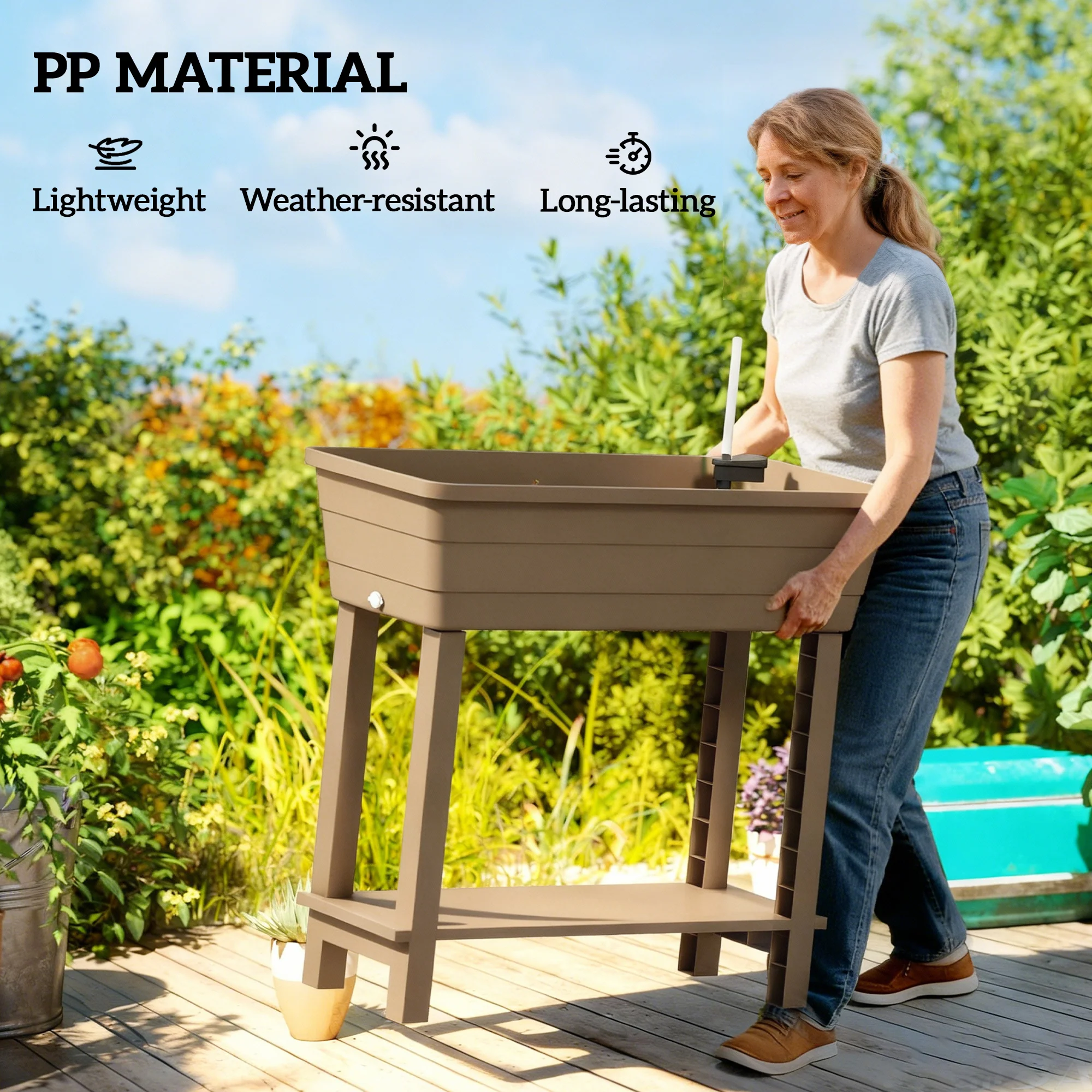 41L Self-Watering Raised Garden Bed with Lid and Shelf, Brown - Image 9