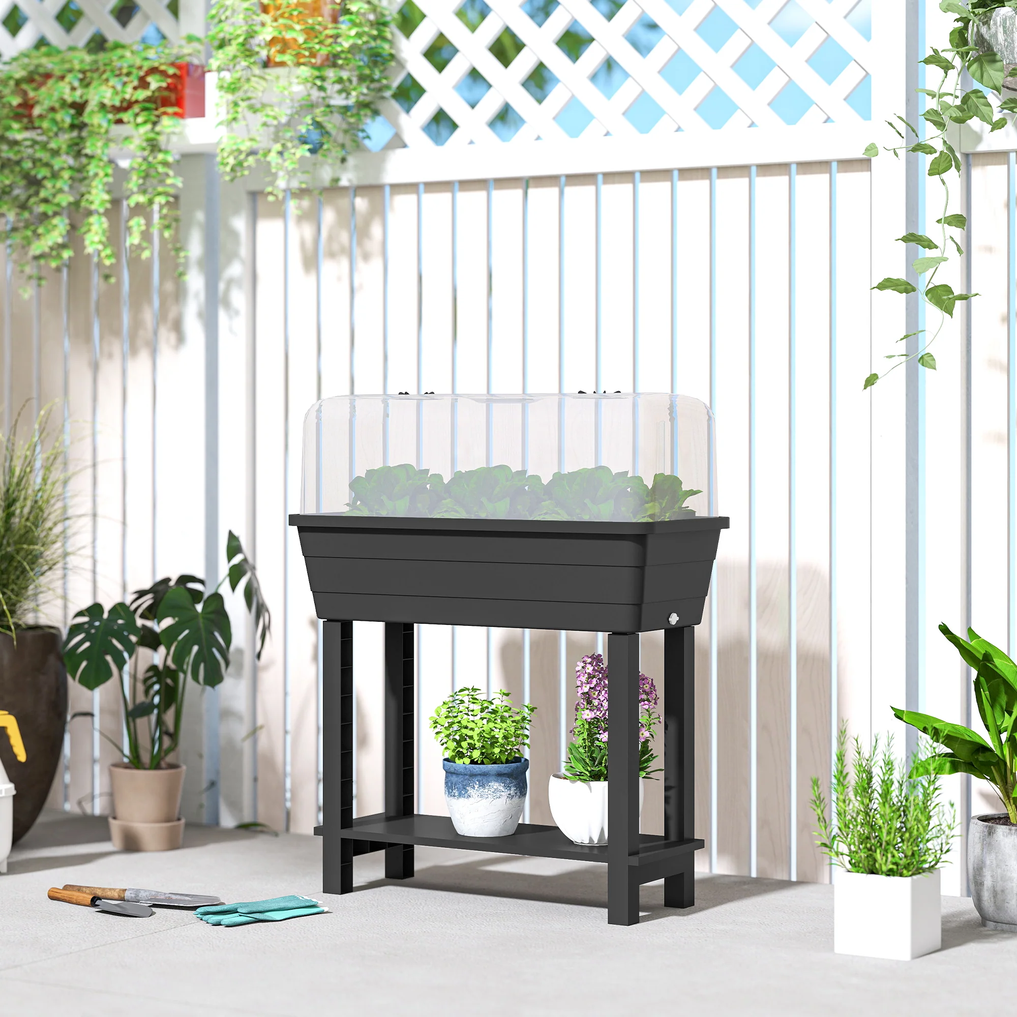 41L Self-Watering Raised Garden Bed with Lid and Shelf, Black - Image 11