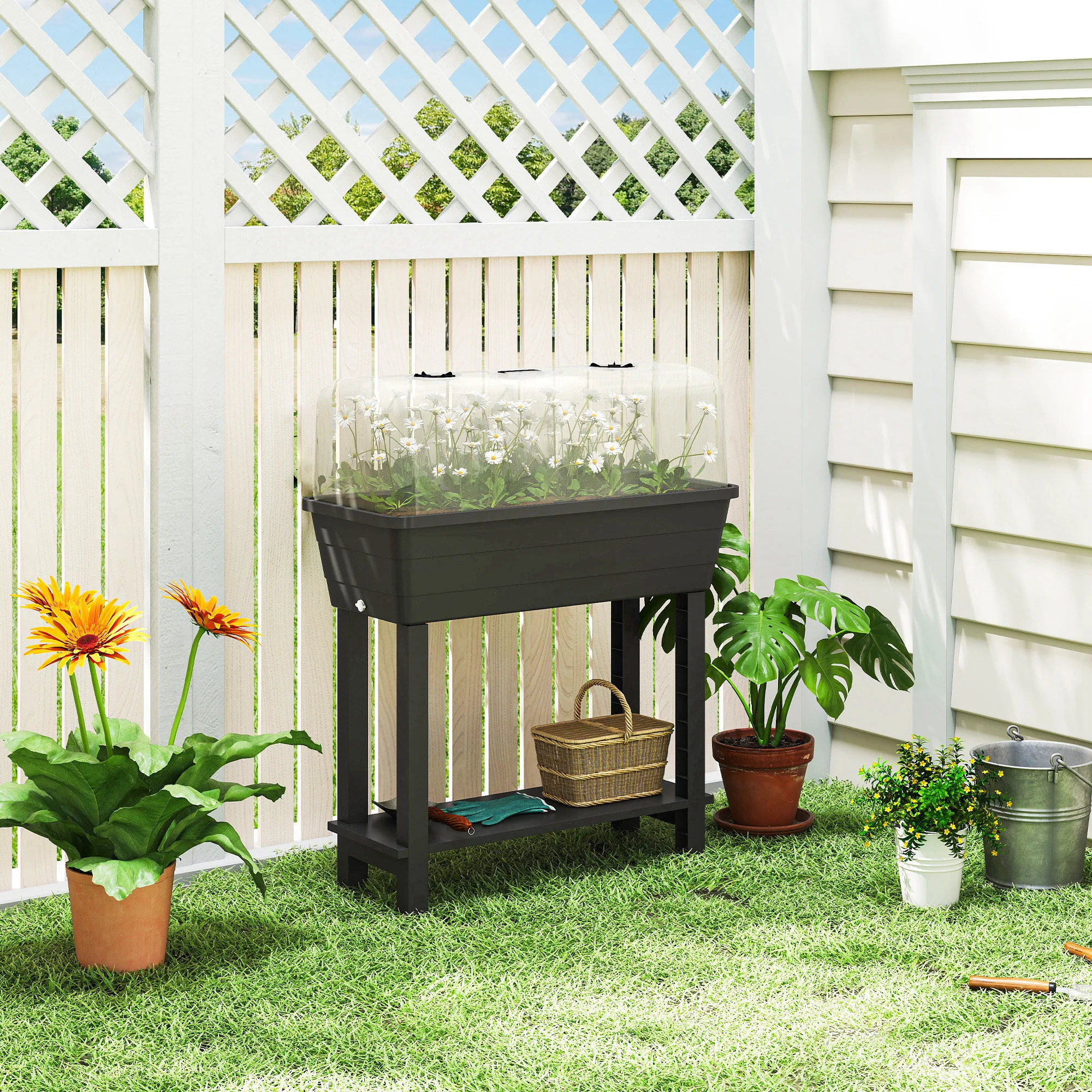 41L Self-Watering Raised Garden Bed with Lid and Shelf, Black - Image 3