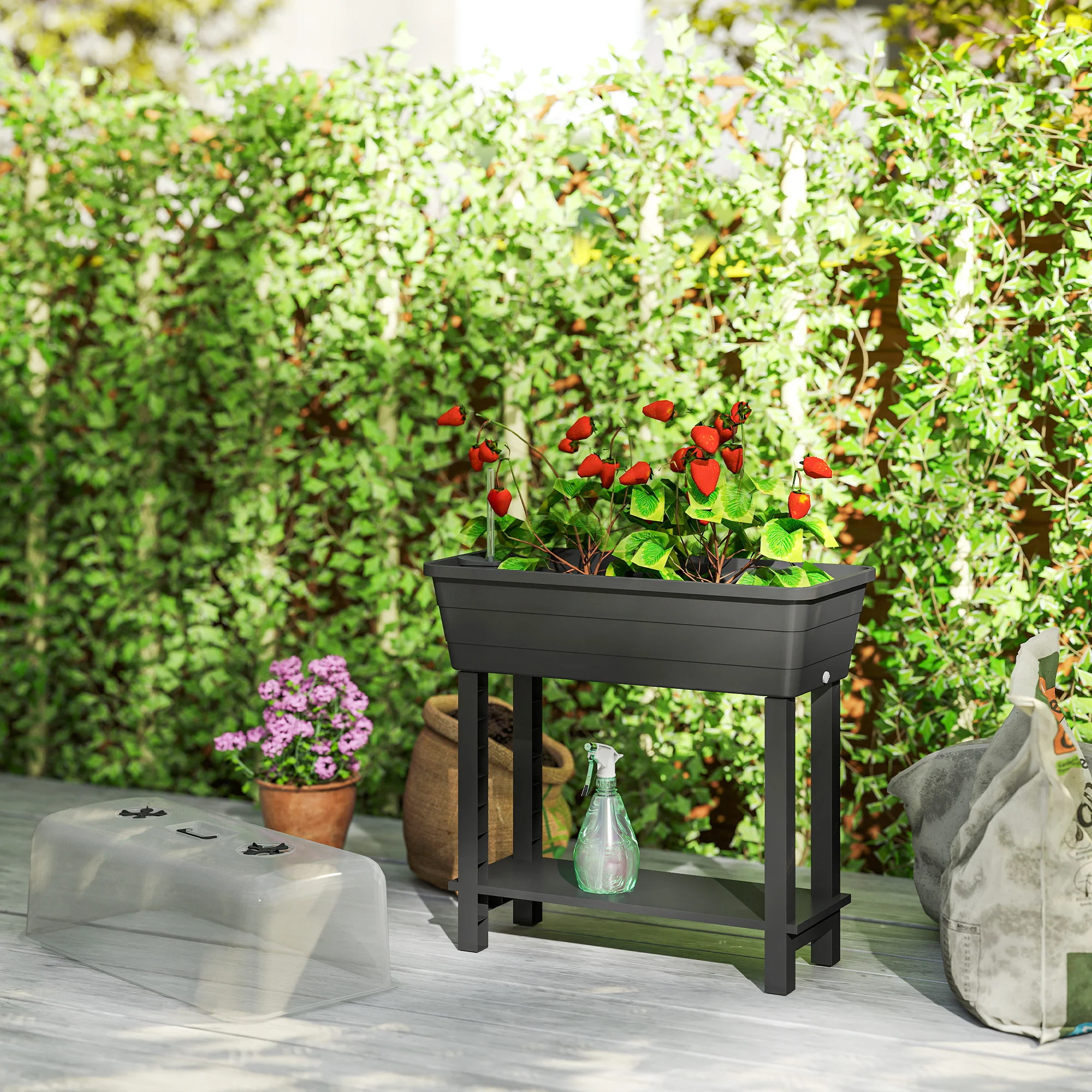 41L Self-Watering Raised Garden Bed with Lid and Shelf, Black - Image 4