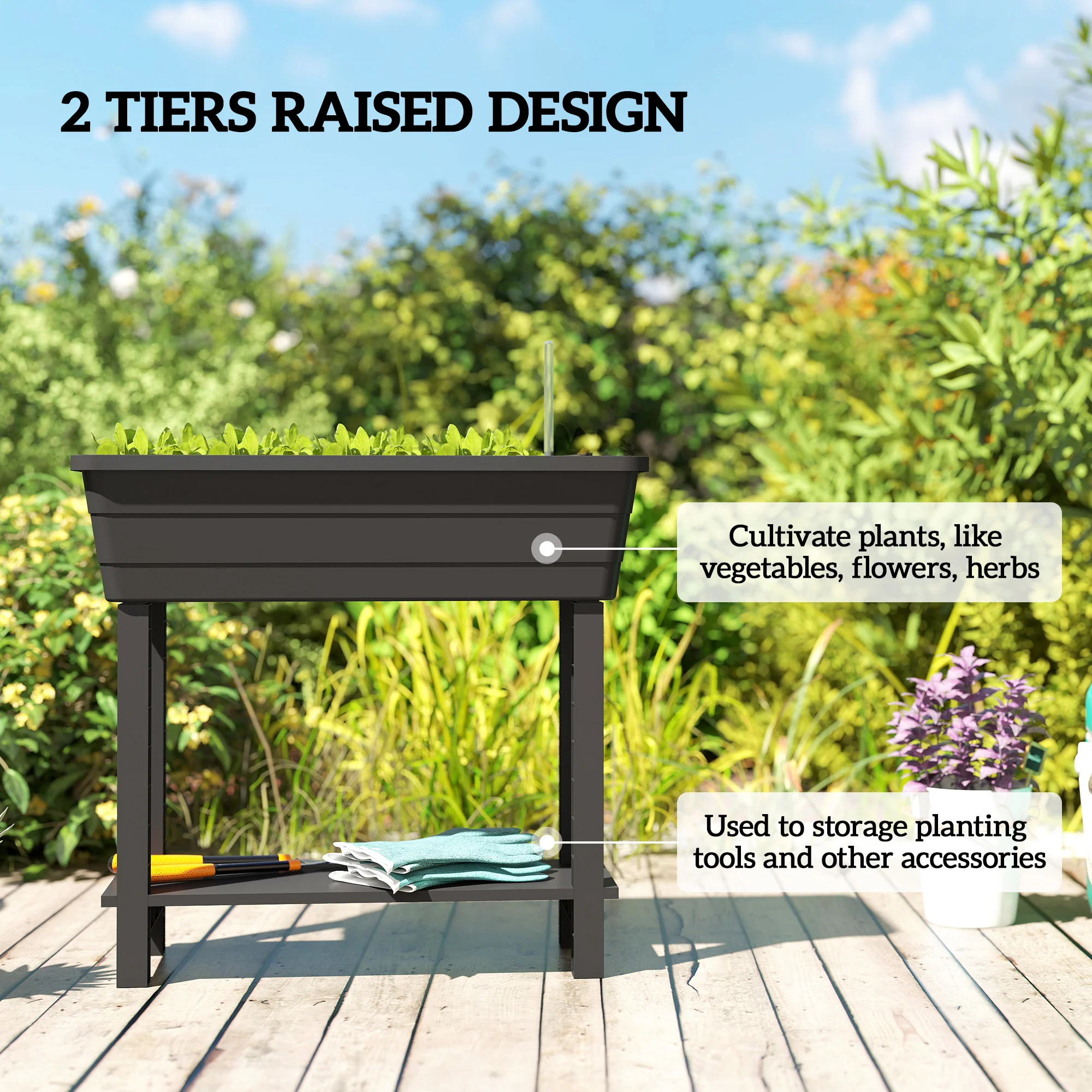 41L Self-Watering Raised Garden Bed with Lid and Shelf, Black - Image 6