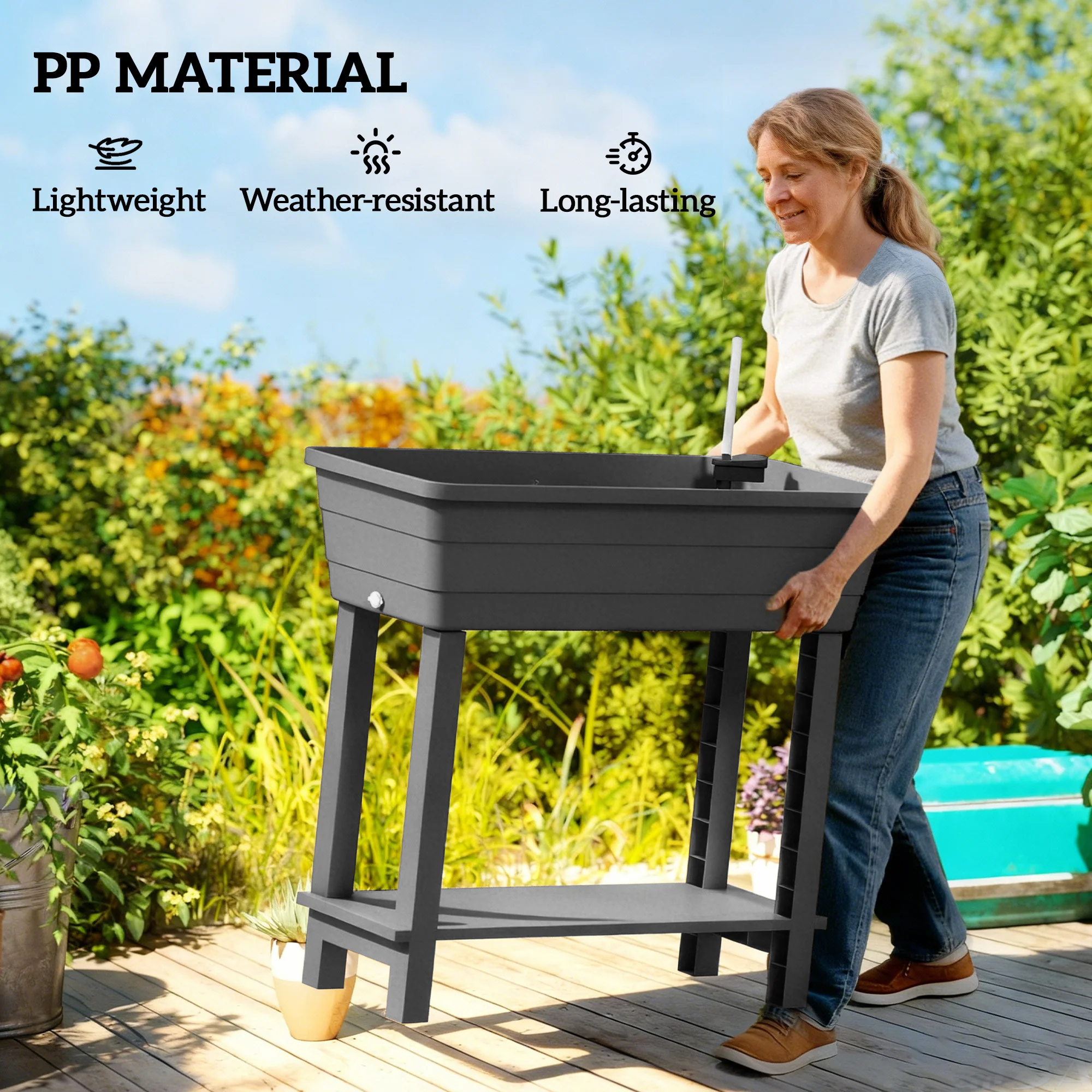 41L Self-Watering Raised Garden Bed with Lid and Shelf, Black - Image 9
