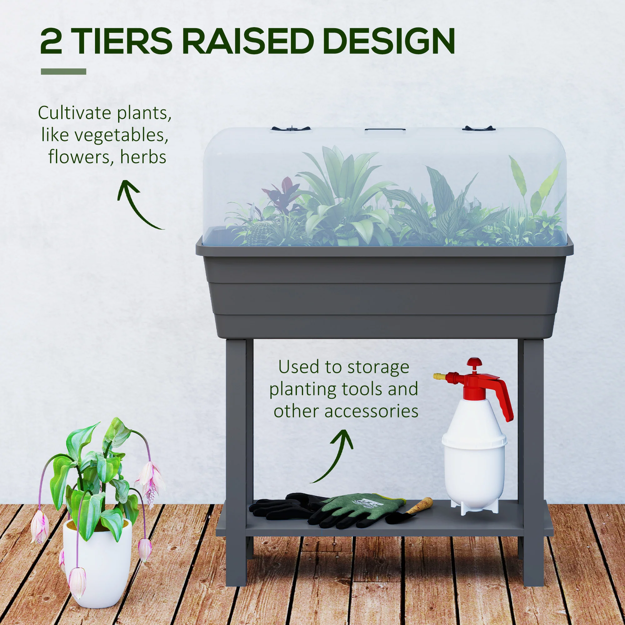 Self-Watering Raised Garden Bed with Ventilation Lid, Water Level Indicator, 29.5" x 14.2" x 36.2", Dark Grey - Image 6