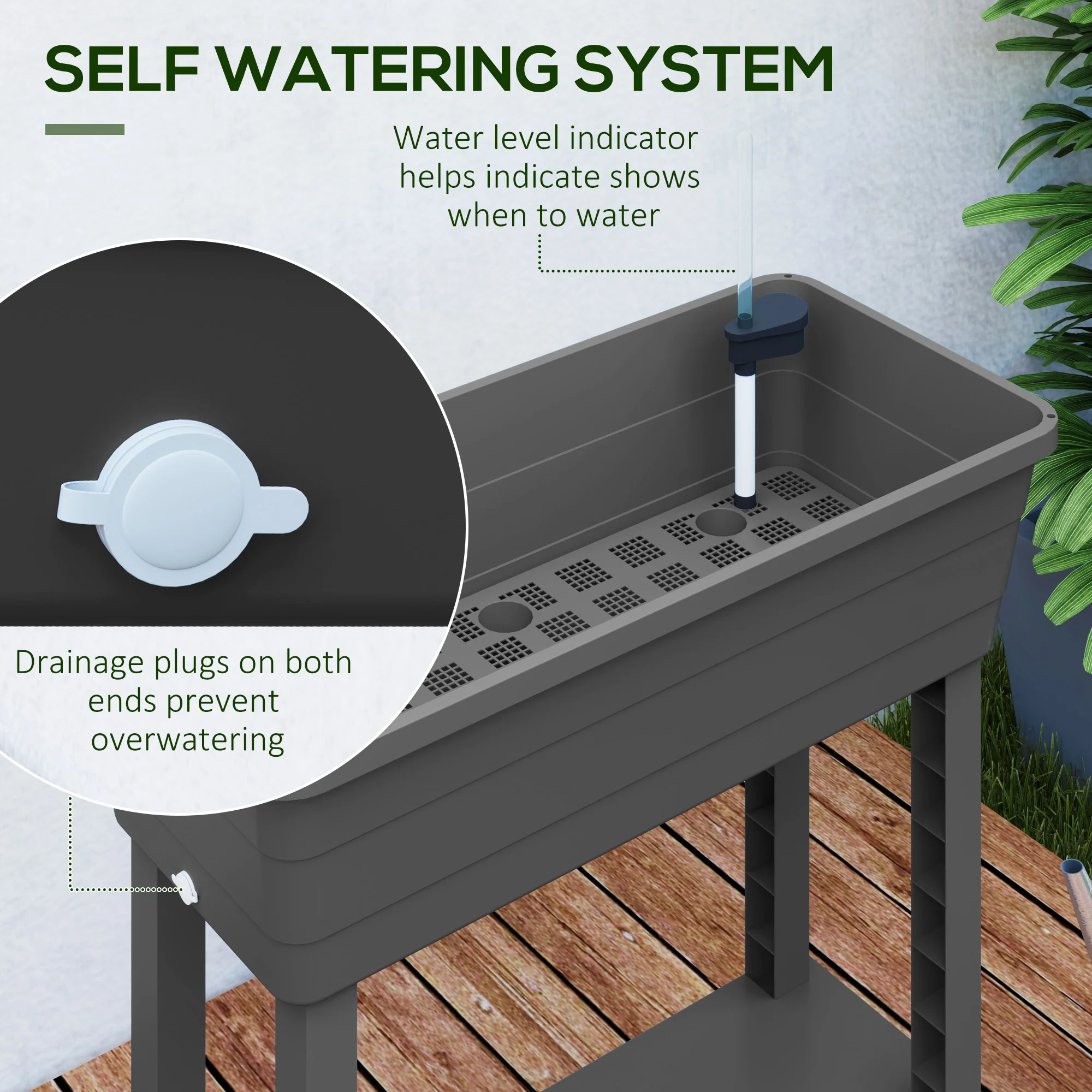 Self-Watering Raised Garden Bed with Ventilation Lid, Water Level Indicator, 29.5" x 14.2" x 36.2", Dark Grey - Image 8