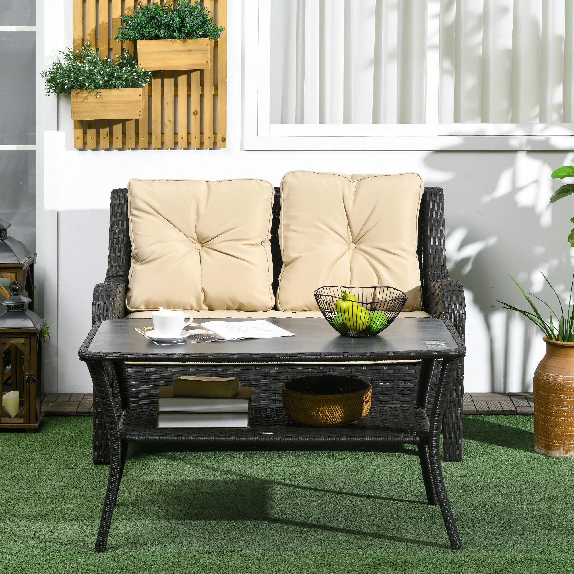 43.3" PE Rattan Coffee Table w/ Storage Shelf, 2-Layer Storage Table w/ Glass Top, Black - Image 3