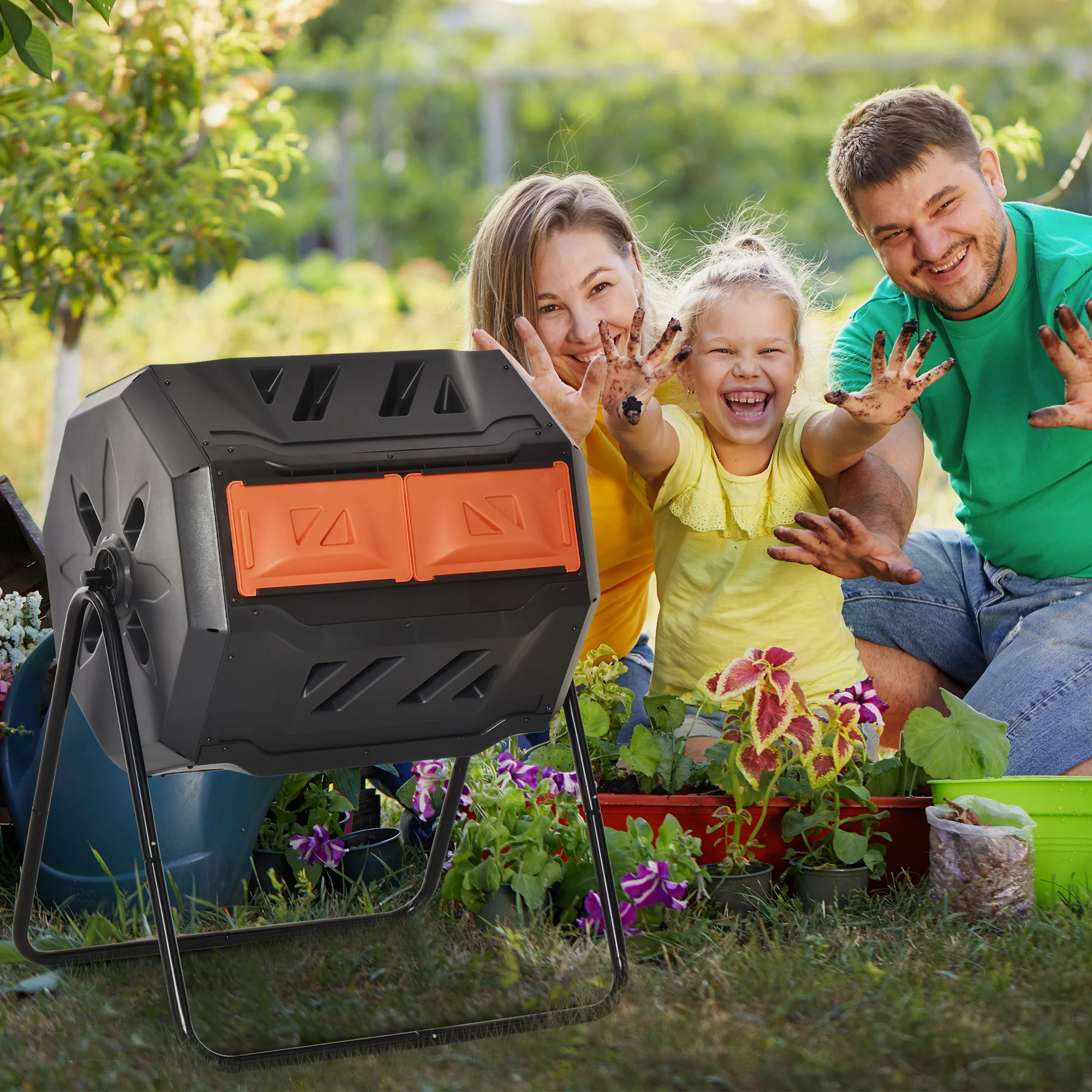43 Gallon Dual Chamber Tumbling Composter with Steel Frame,  360° Rotating Composter, Orange - Image 3