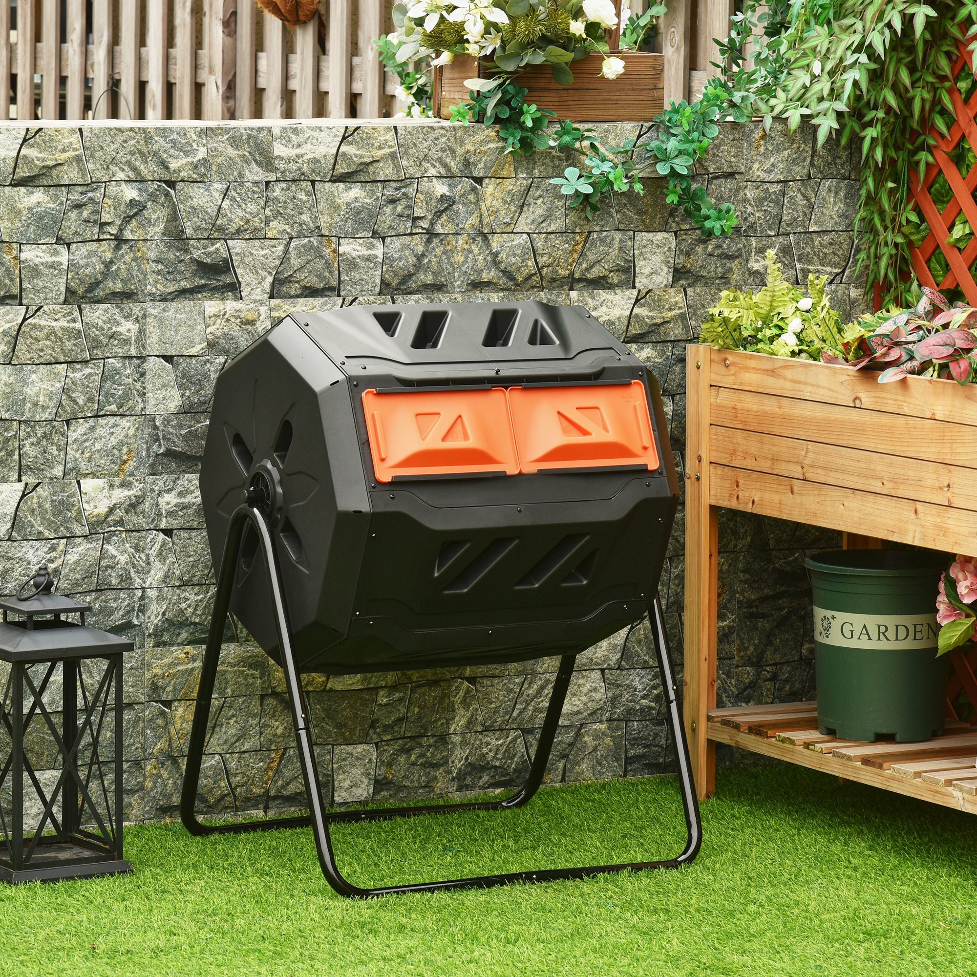 43 Gallon Dual Chamber Tumbling Composter with Steel Frame,  360° Rotating Composter, Orange - Image 4