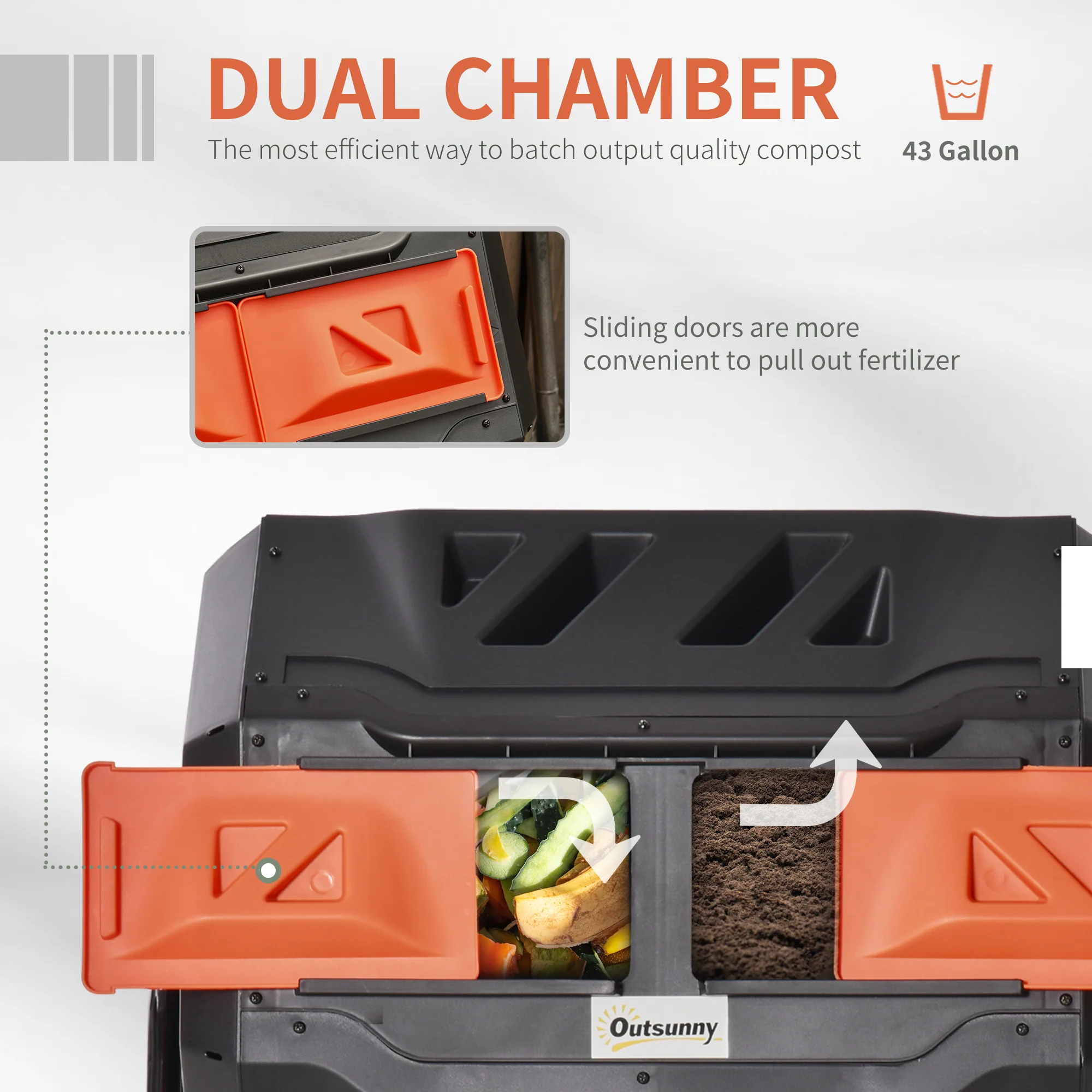 43 Gallon Dual Chamber Tumbling Composter with Steel Frame,  360° Rotating Composter, Orange - Image 6