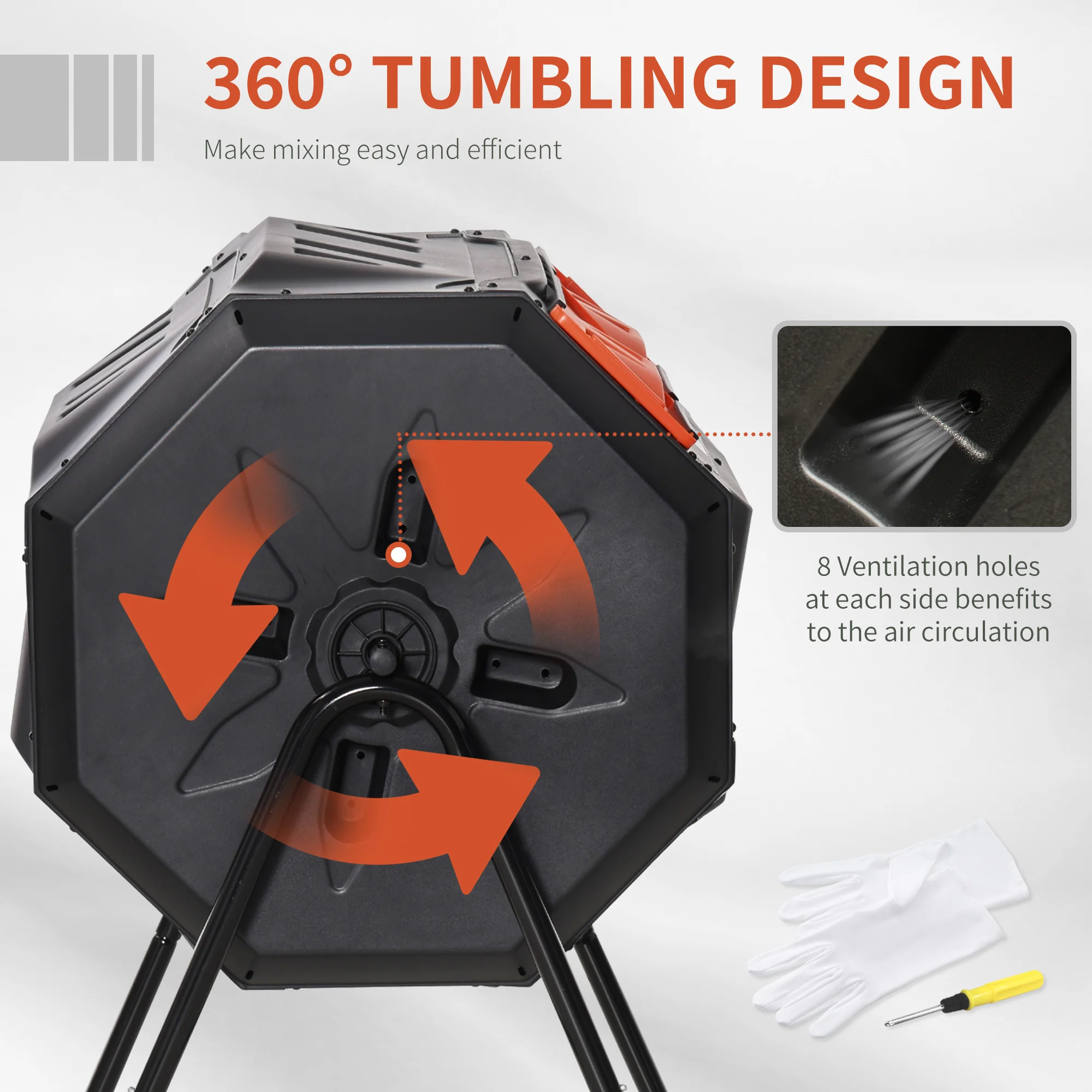 43 Gallon Dual Chamber Tumbling Composter with Steel Frame,  360° Rotating Composter, Orange - Image 7