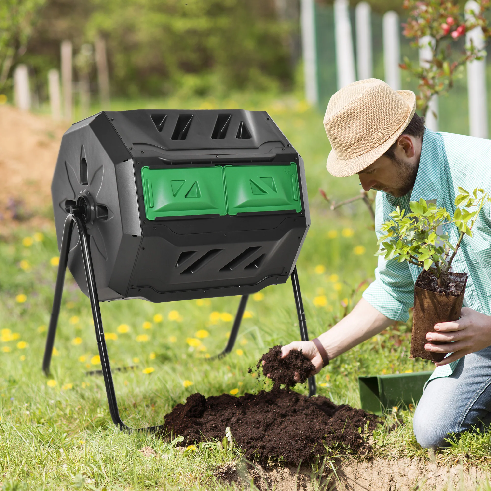 43 Gallon Dual Chamber Tumbling Composter with Steel Frame,  360° Rotating Composter, Green - Image 3