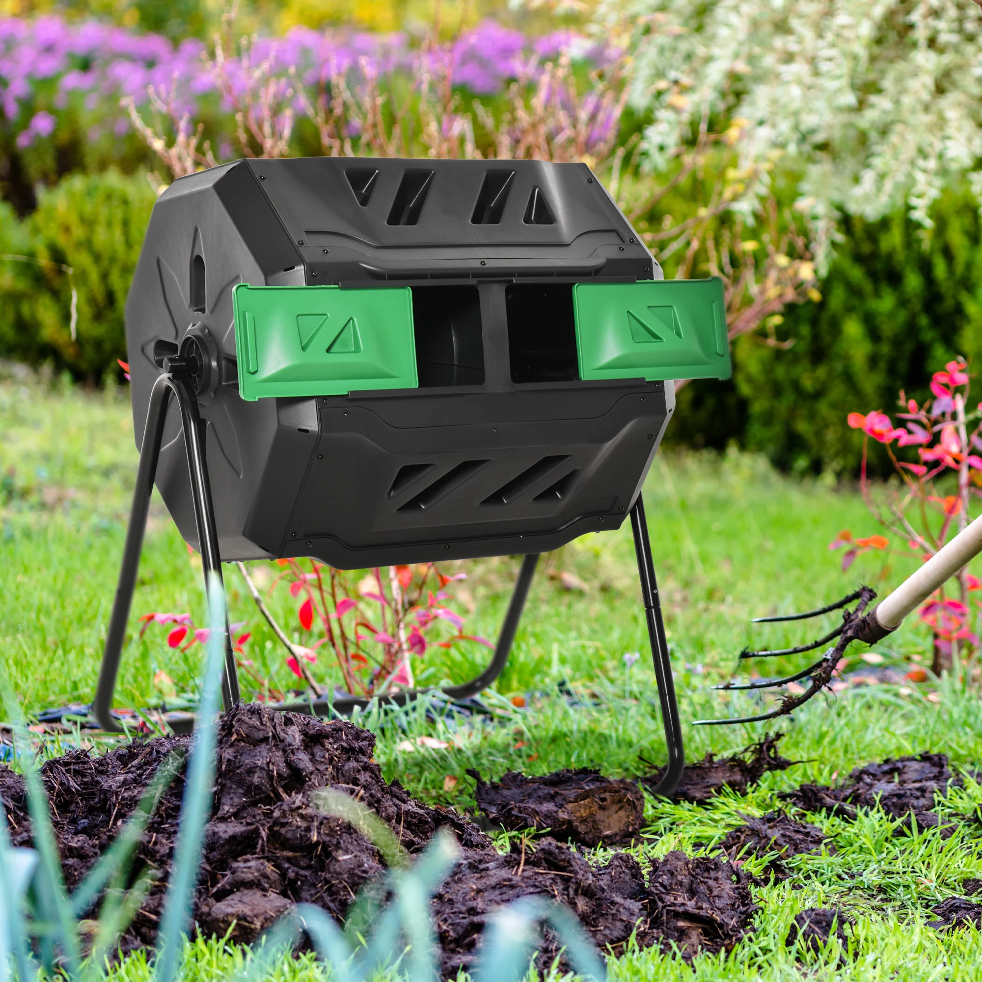 43 Gallon Dual Chamber Tumbling Composter with Steel Frame,  360° Rotating Composter, Green - Image 4