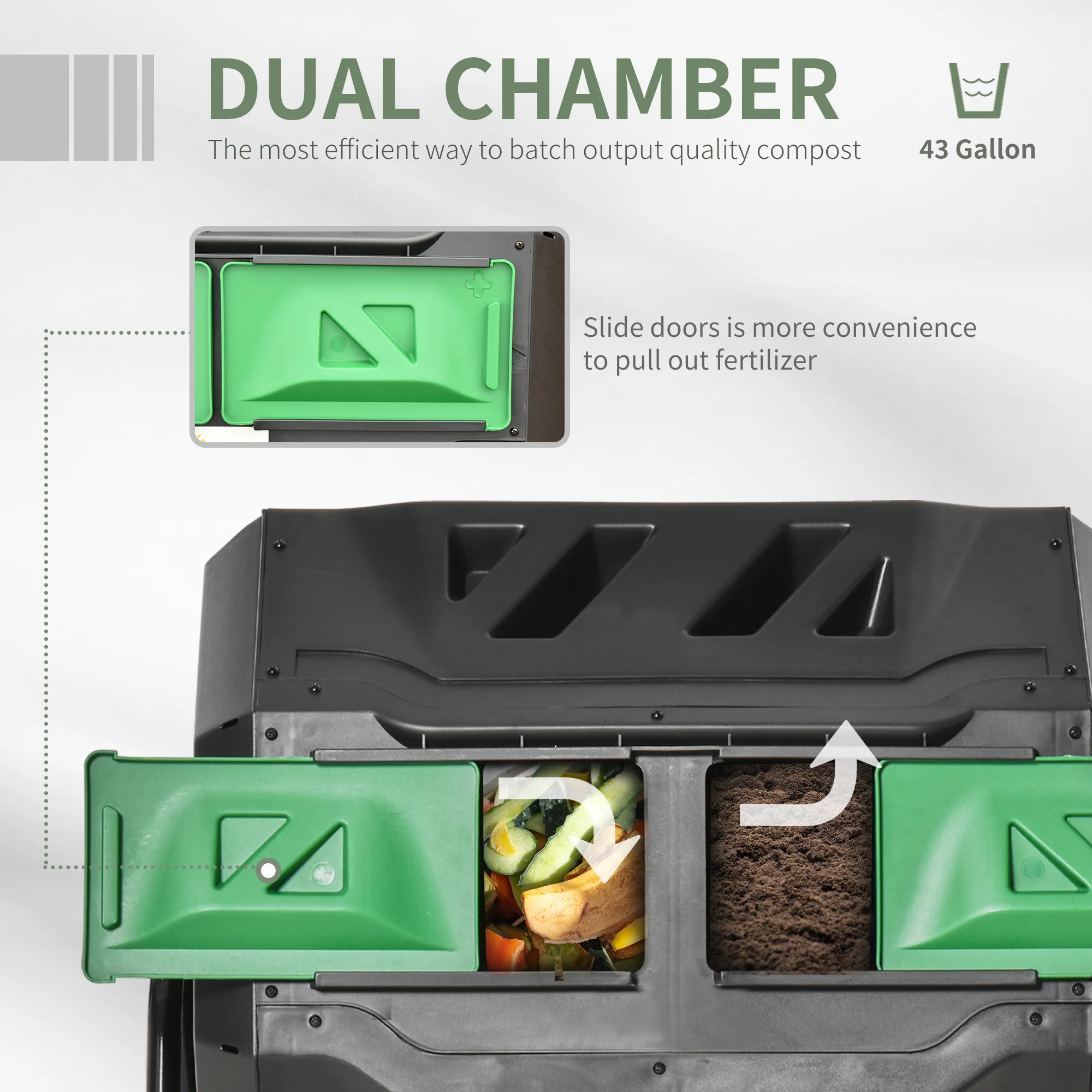 43 Gallon Dual Chamber Tumbling Composter with Steel Frame,  360° Rotating Composter, Green - Image 6