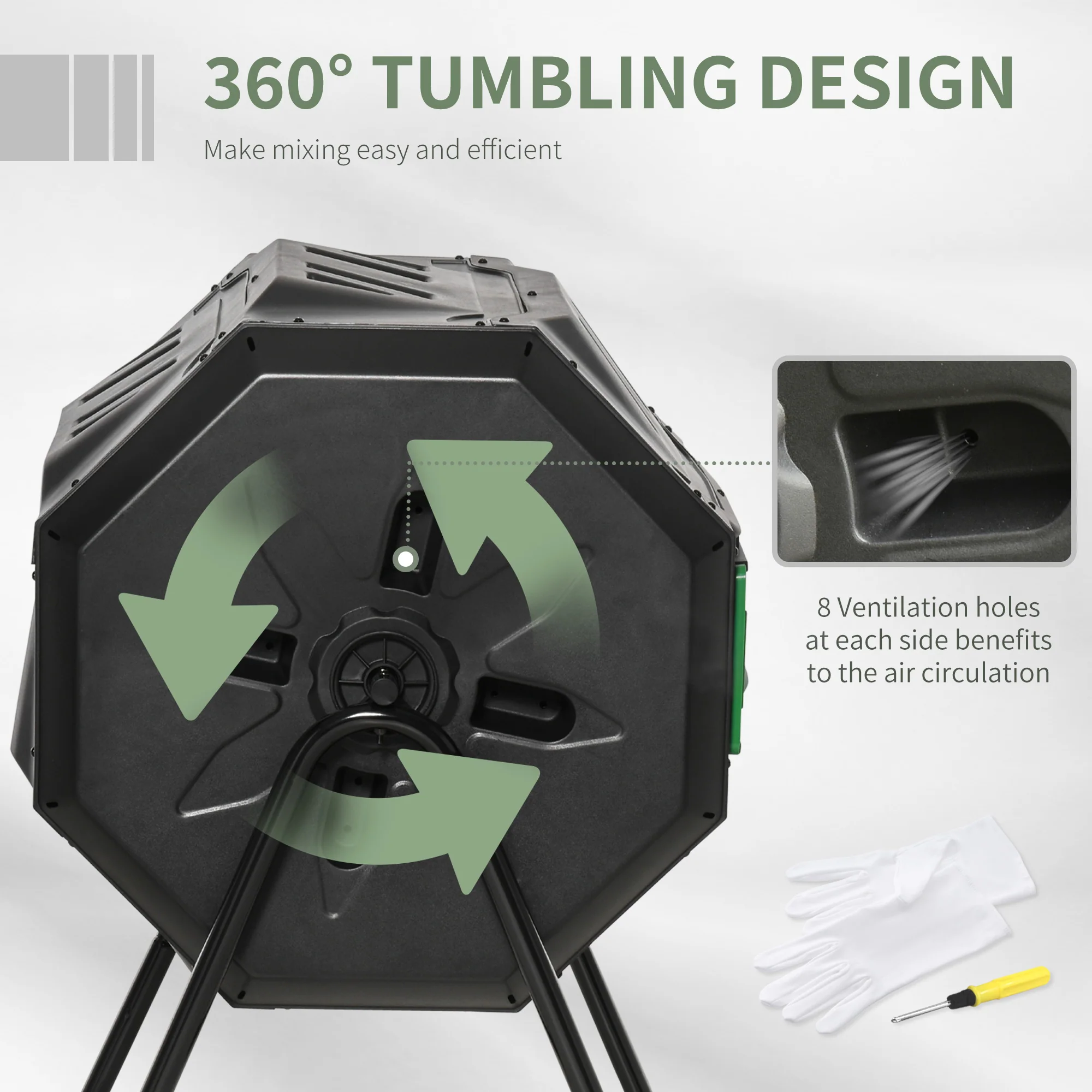 43 Gallon Dual Chamber Tumbling Composter with Steel Frame,  360° Rotating Composter, Green - Image 7