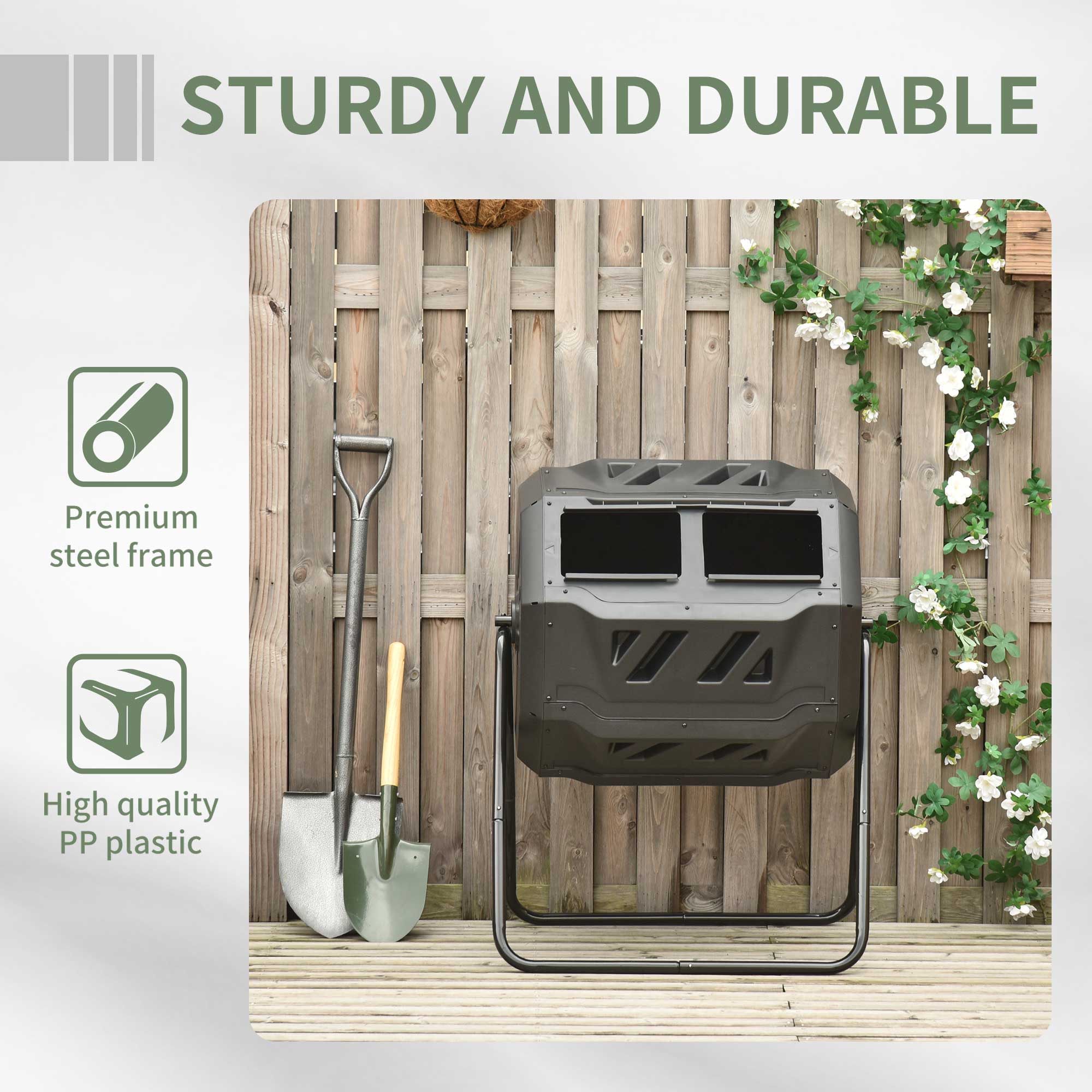 43 Gallon Dual Chamber Tumbling Composter with Steel Frame,  360° Rotating Composter, Green - Image 9