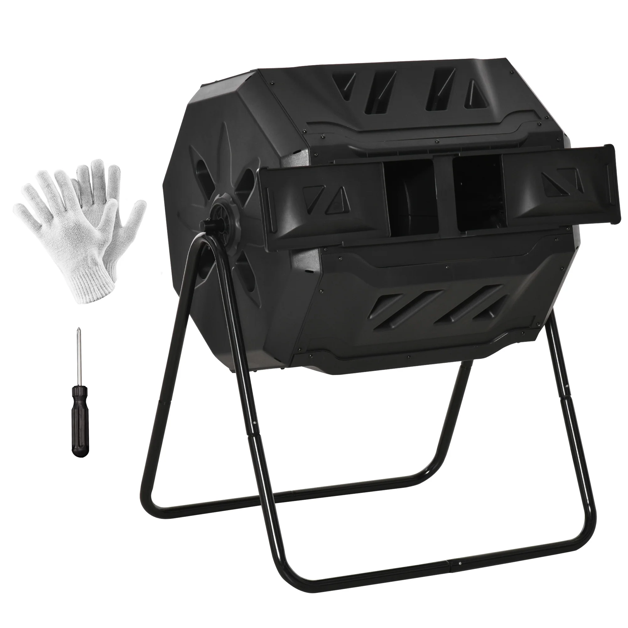 43 Gallon Dual Chamber Tumbling Composter with Steel Frame,  360° Rotating Composter, Black