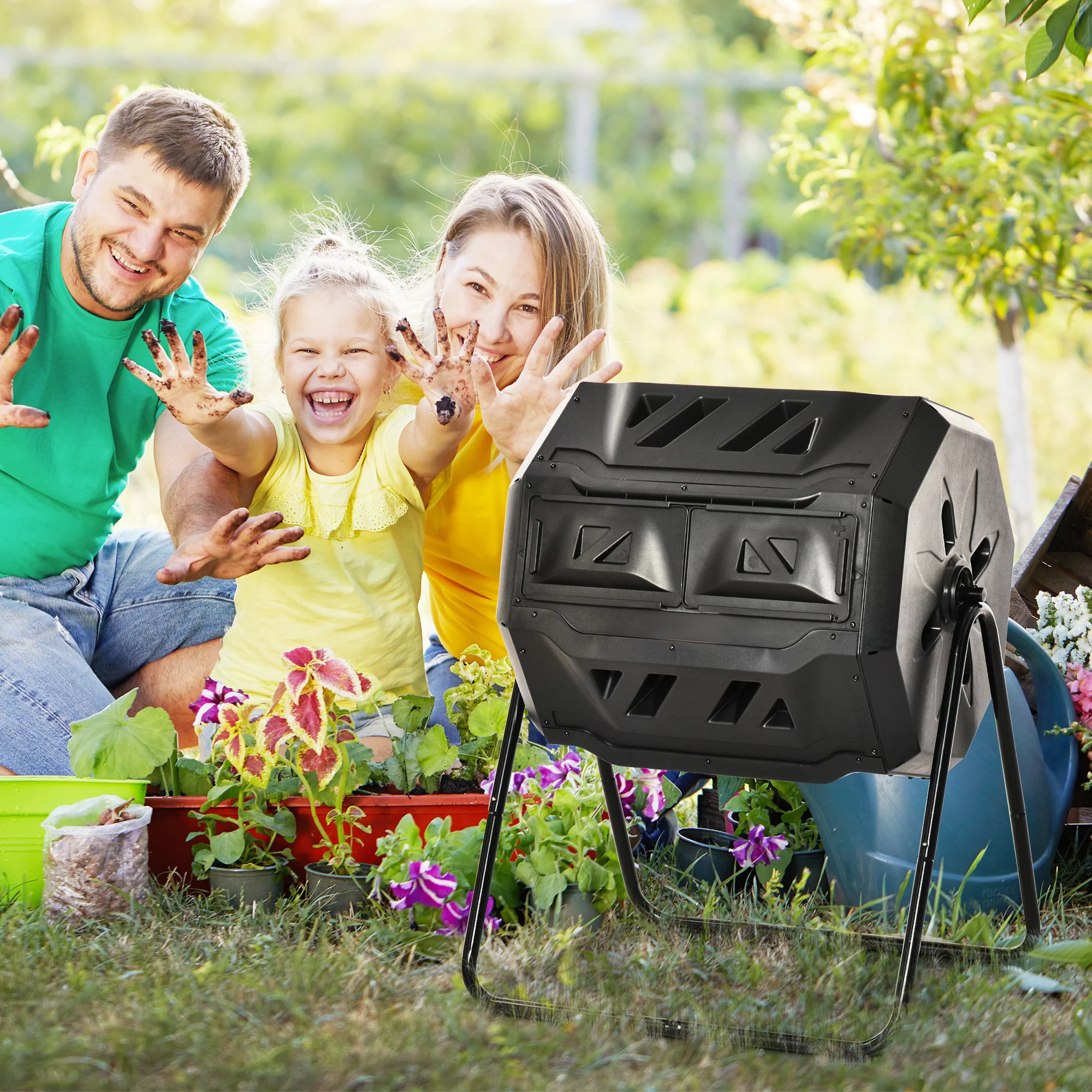 43 Gallon Dual Chamber Tumbling Composter with Steel Frame,  360° Rotating Composter, Black - Image 3