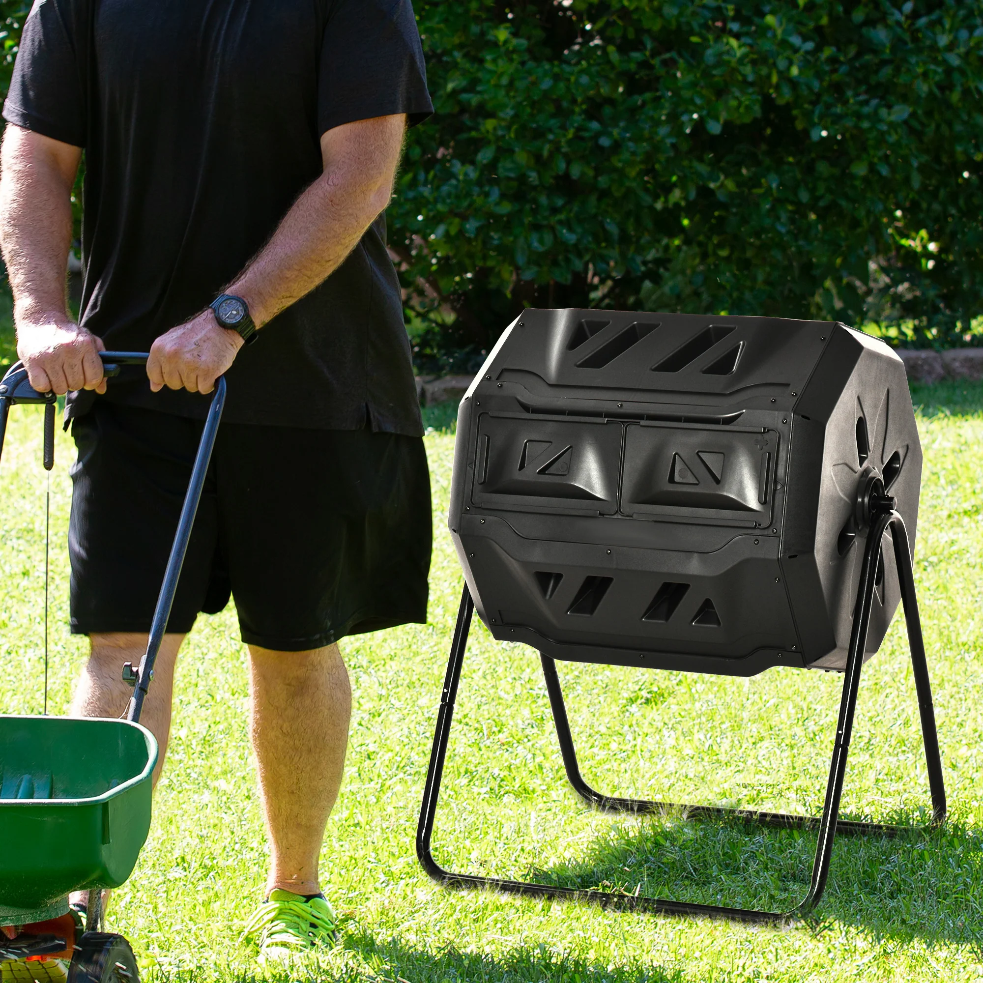43 Gallon Dual Chamber Tumbling Composter with Steel Frame,  360° Rotating Composter, Black - Image 4