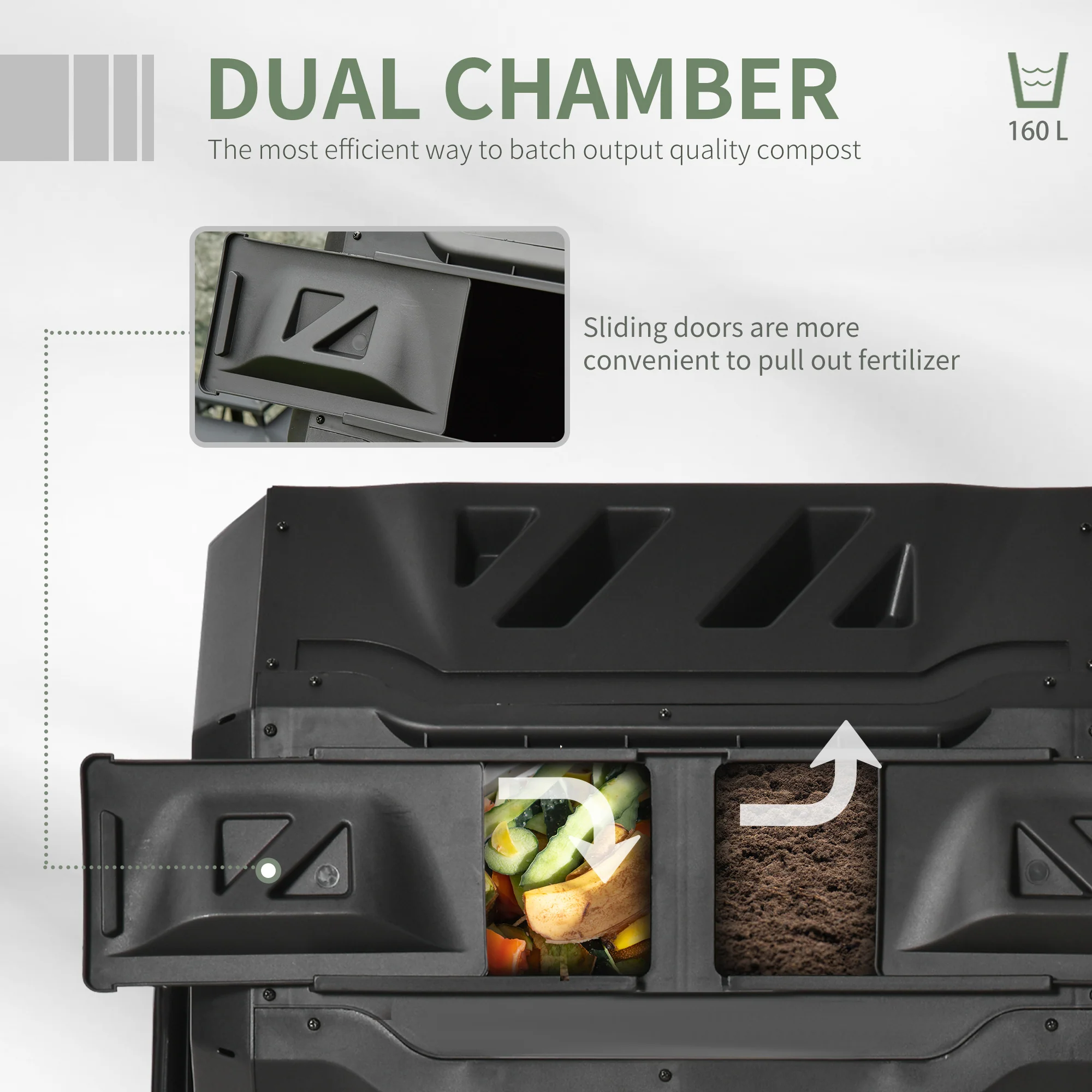 43 Gallon Dual Chamber Tumbling Composter with Steel Frame,  360° Rotating Composter, Black - Image 6