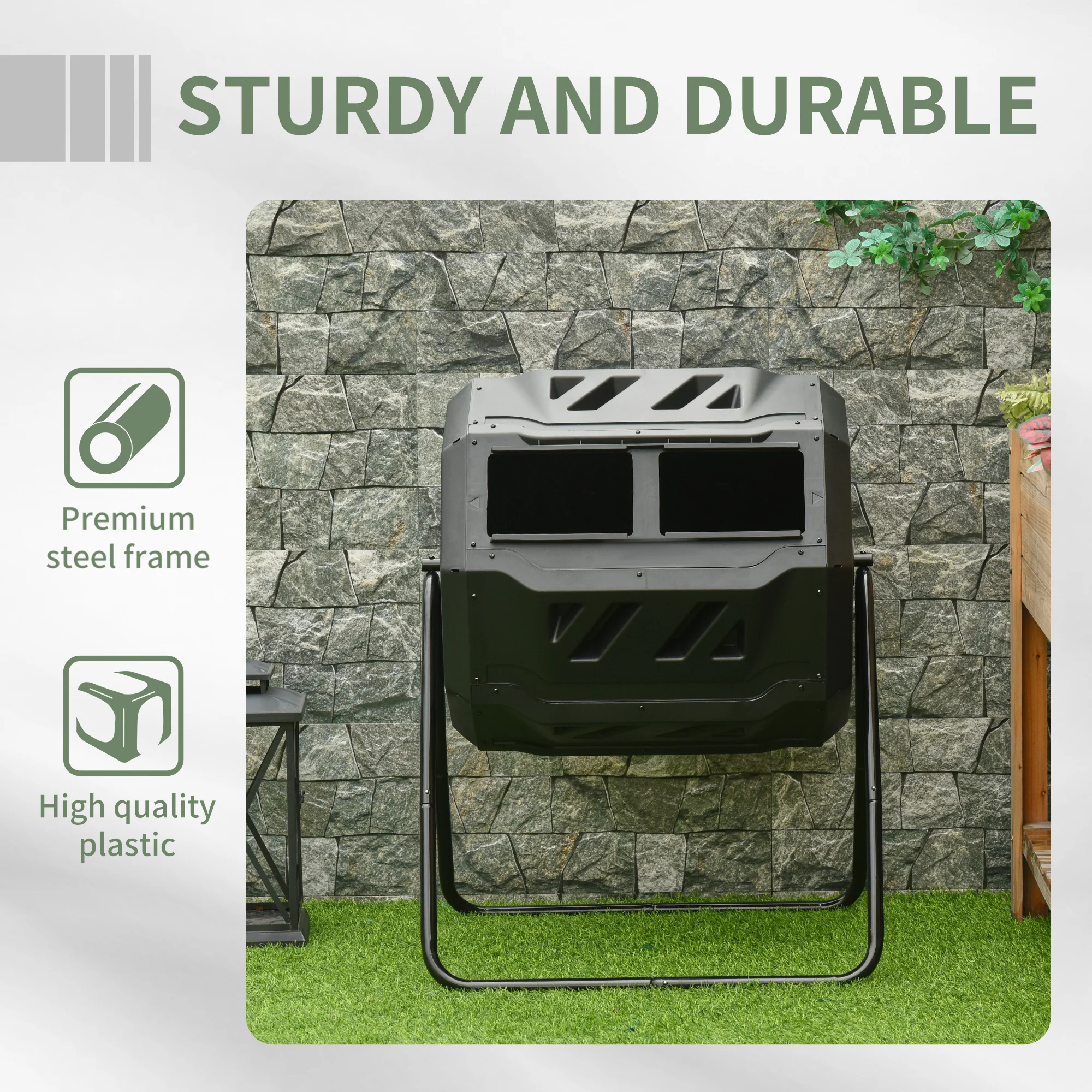 43 Gallon Dual Chamber Tumbling Composter with Steel Frame,  360° Rotating Composter, Black - Image 9