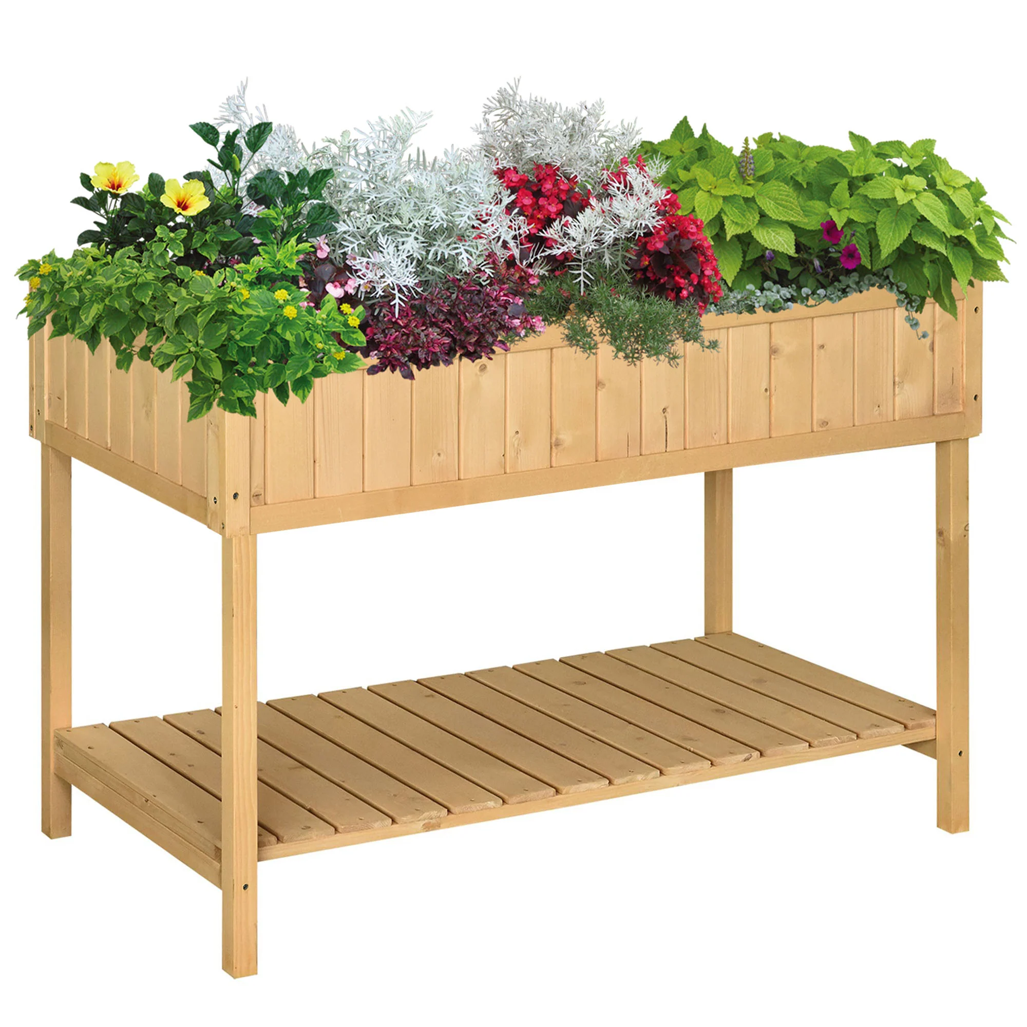 Wooden Raised Bed with Storage Shelf & 8 Pockets, 43" x 18" x 30", Natural - Image 2