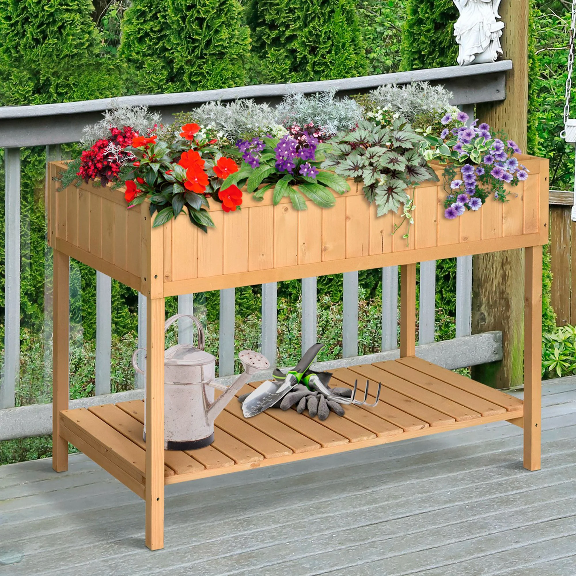 Wooden Raised Bed with Storage Shelf & 8 Pockets, 43" x 18" x 30", Natural - Image 3