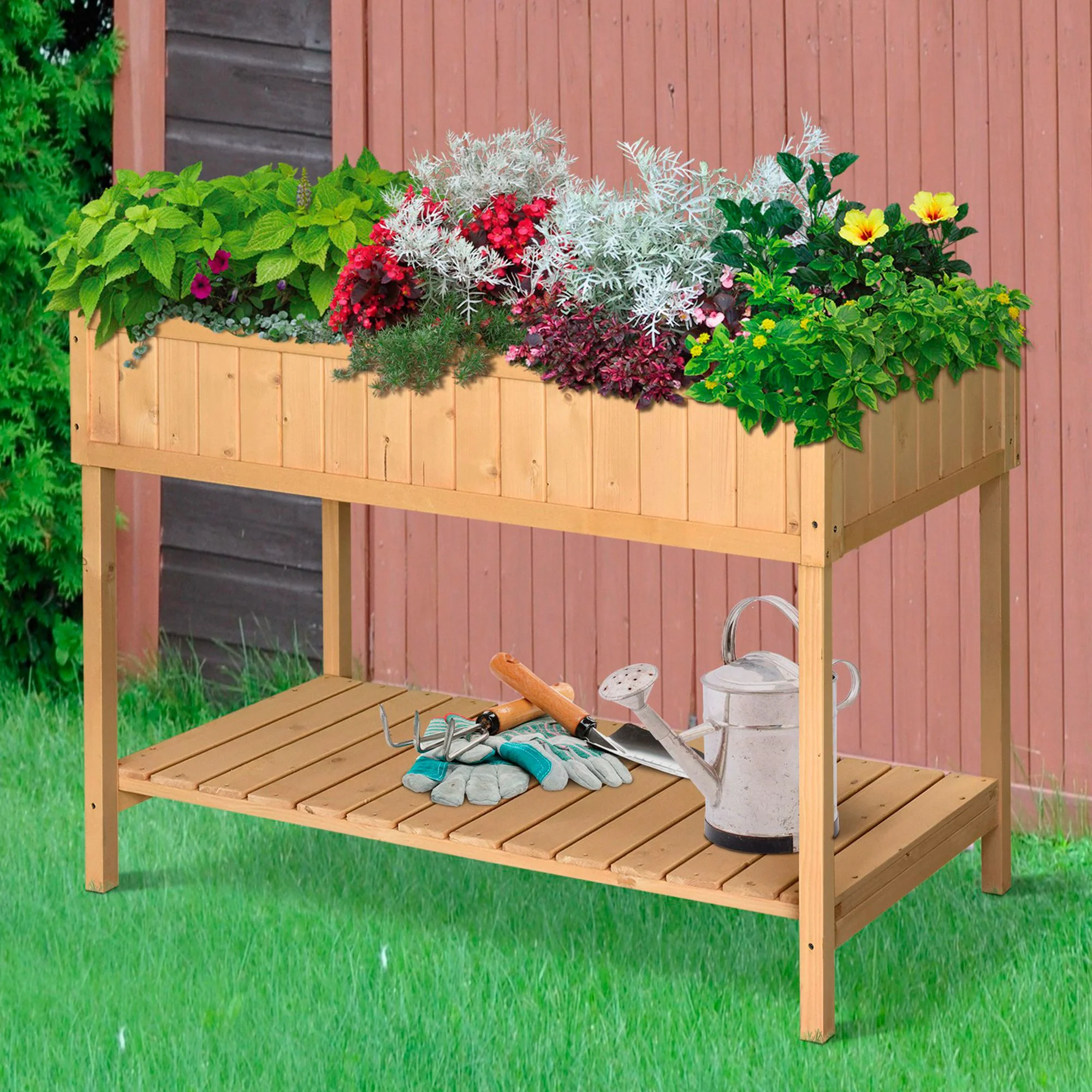 Wooden Raised Bed with Storage Shelf & 8 Pockets, 43" x 18" x 30", Natural - Image 4