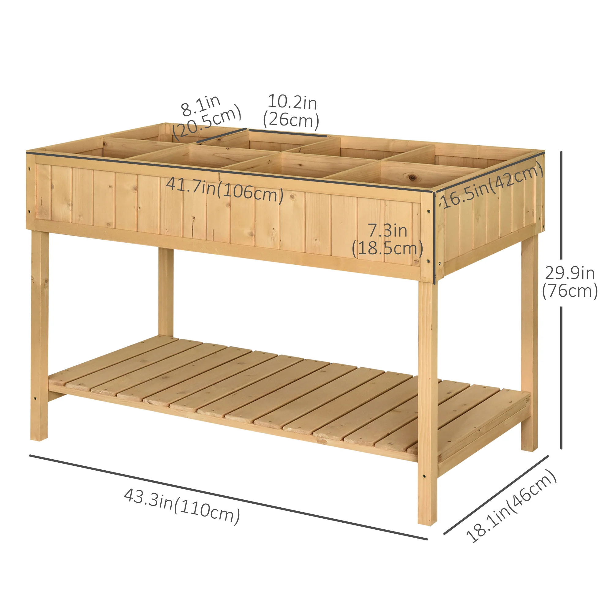 Wooden Raised Bed with Storage Shelf & 8 Pockets, 43" x 18" x 30", Natural - Image 5