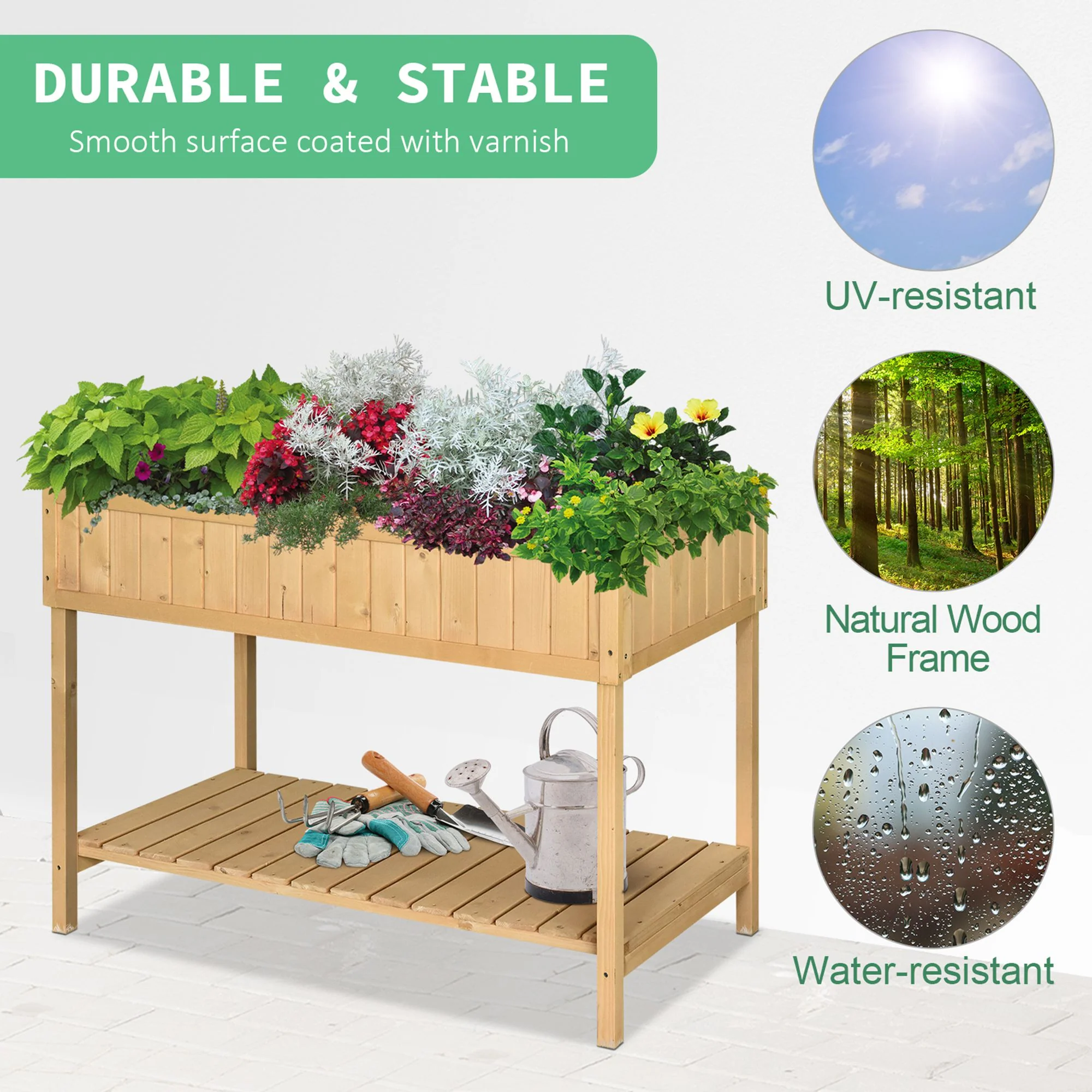 Wooden Raised Bed with Storage Shelf & 8 Pockets, 43" x 18" x 30", Natural - Image 6