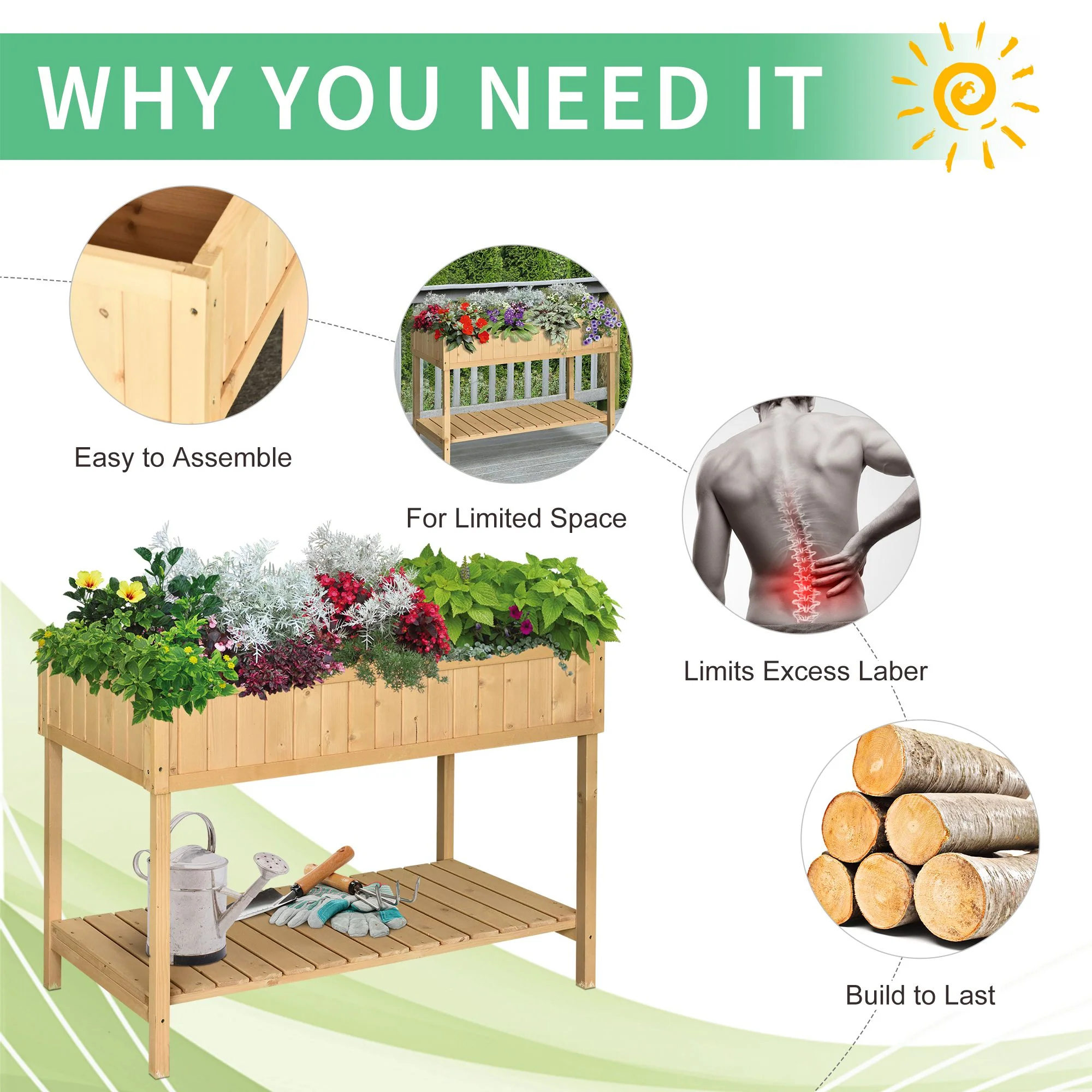 Wooden Raised Bed with Storage Shelf & 8 Pockets, 43" x 18" x 30", Natural - Image 8