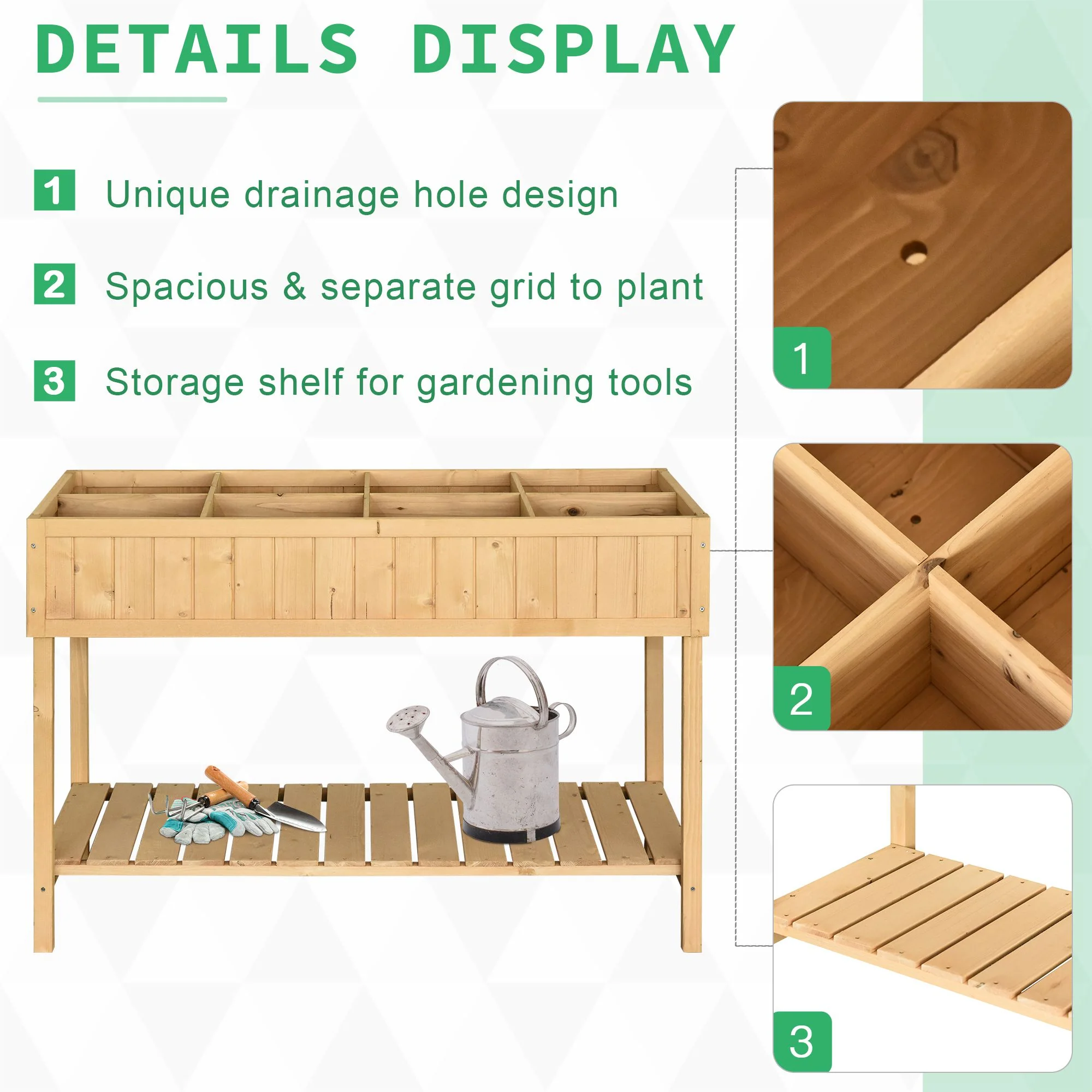 Wooden Raised Bed with Storage Shelf & 8 Pockets, 43" x 18" x 30", Natural - Image 9
