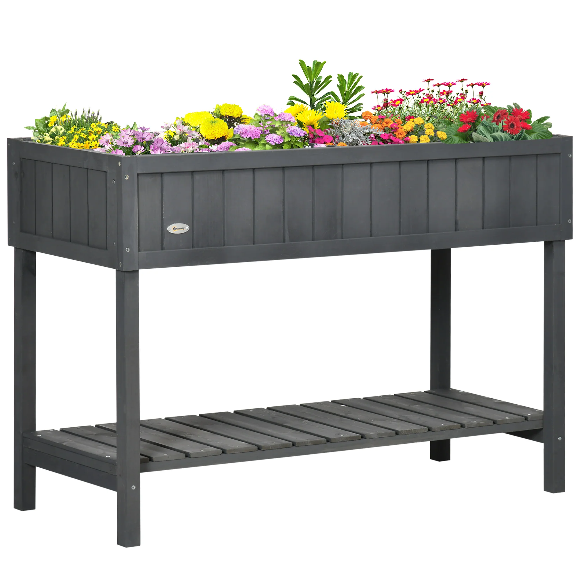 Wooden Raised Bed with Storage Shelf & 8 Pockets, 43" x 18" x 30", Dark Grey