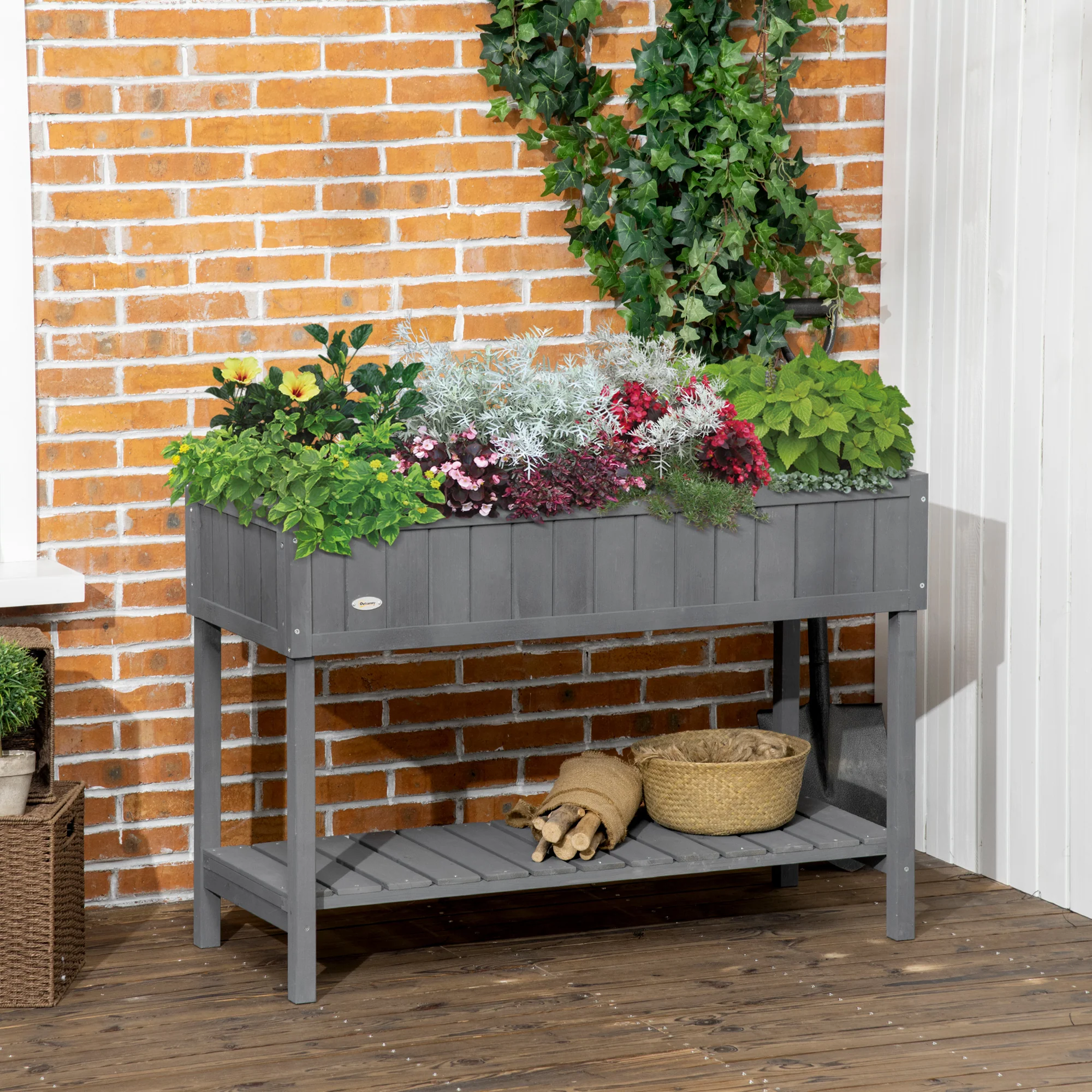 Wooden Raised Bed with Storage Shelf & 8 Pockets, 43" x 18" x 30", Dark Grey - Image 3
