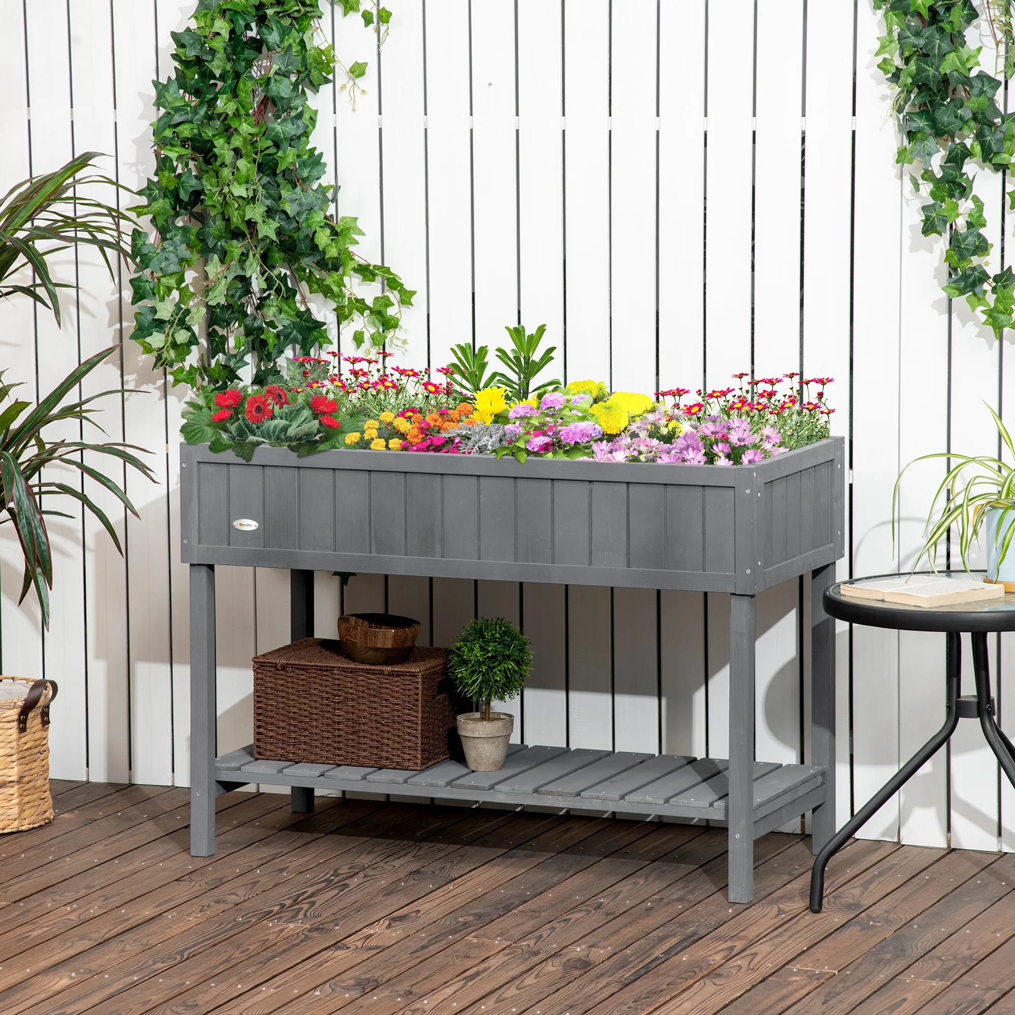 Wooden Raised Bed with Storage Shelf & 8 Pockets, 43" x 18" x 30", Dark Grey - Image 4