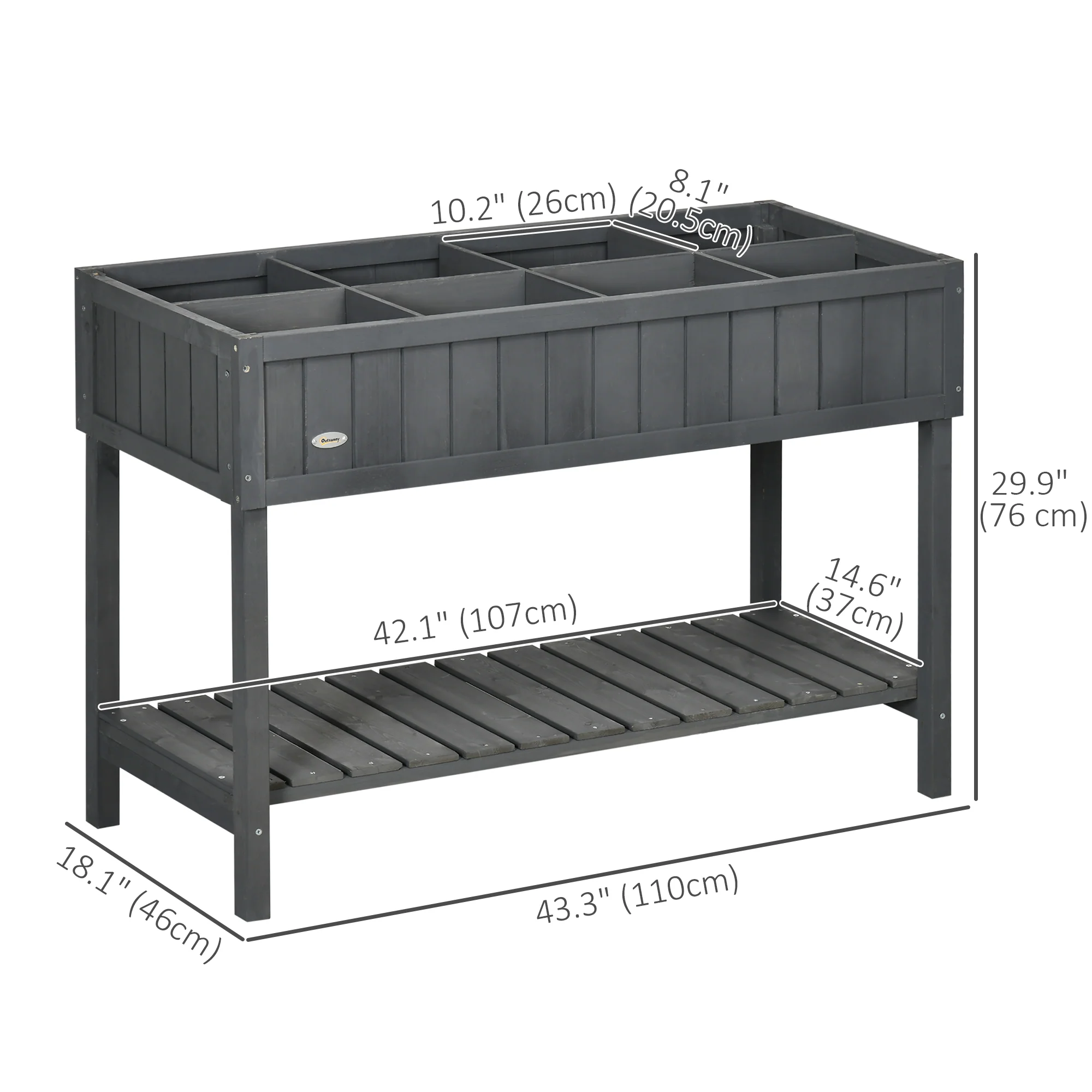 Wooden Raised Bed with Storage Shelf & 8 Pockets, 43" x 18" x 30", Dark Grey - Image 5
