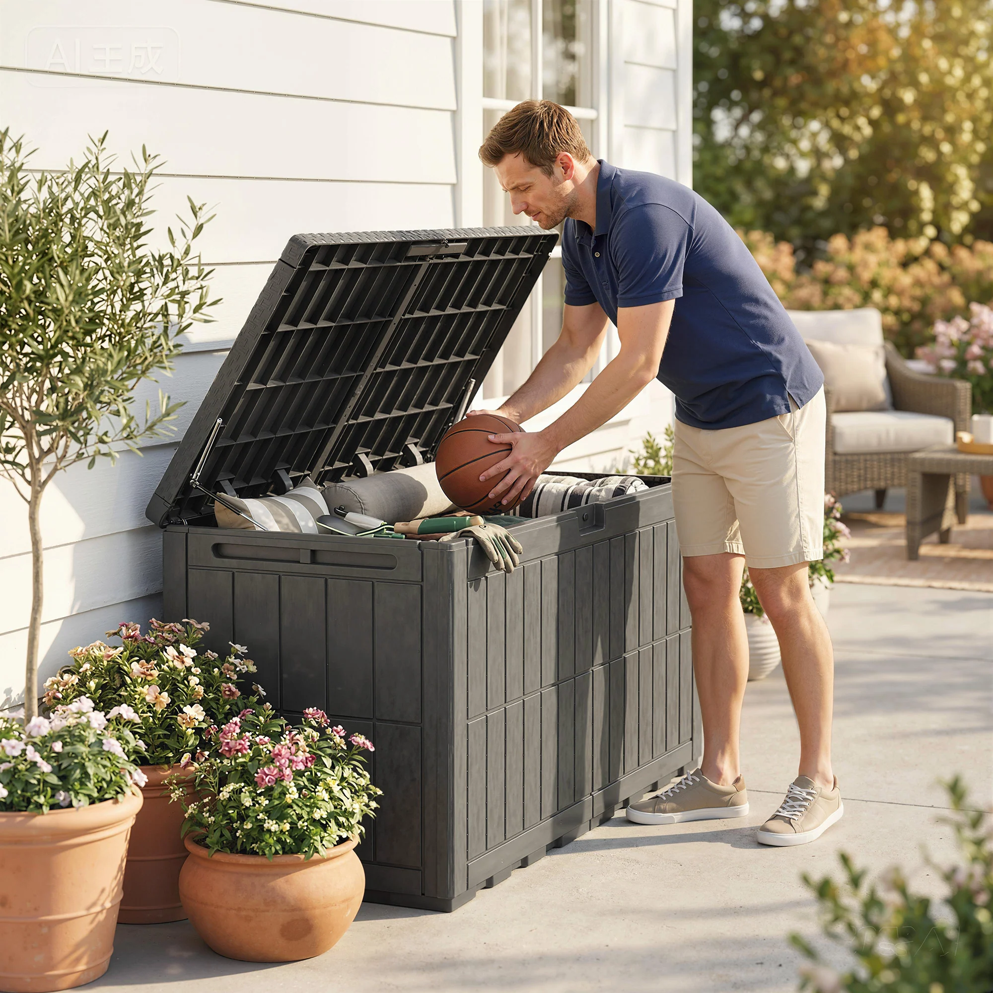 440L Garden Storage Box with Lockable Lid and Gas Rods - Image 4