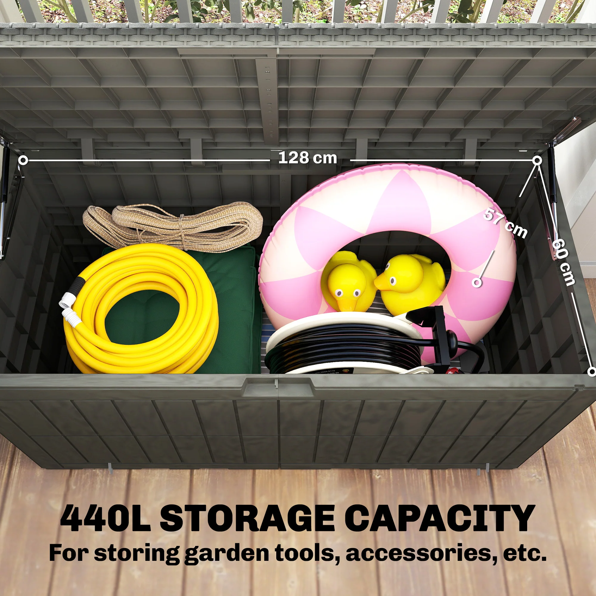 440L Garden Storage Box with Lockable Lid and Gas Rods - Image 7