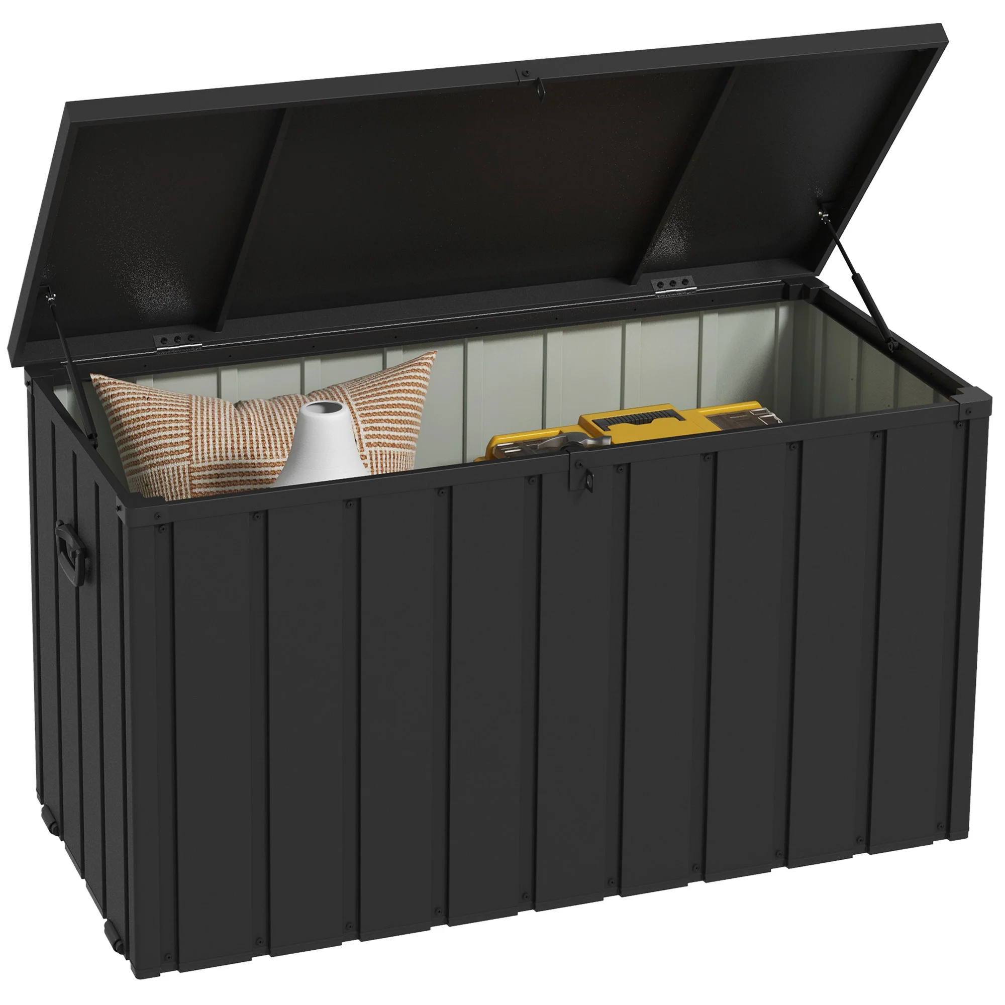 450L Outdoor Storage Box, Lockable Metal Storage Box with Wheels & Handles, Dark Grey