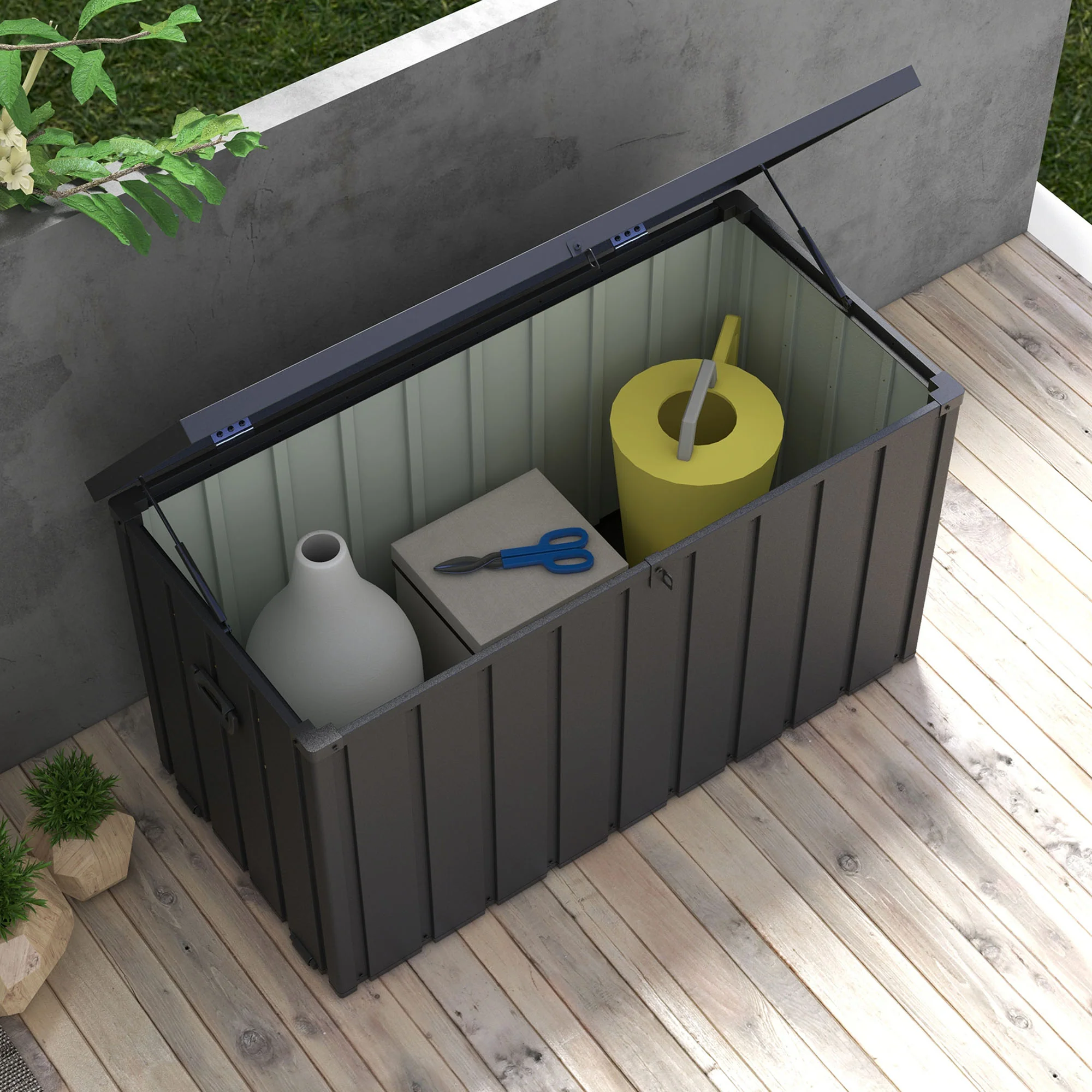 450L Outdoor Storage Box, Lockable Metal Storage Box with Wheels & Handles, Dark Grey - Image 10