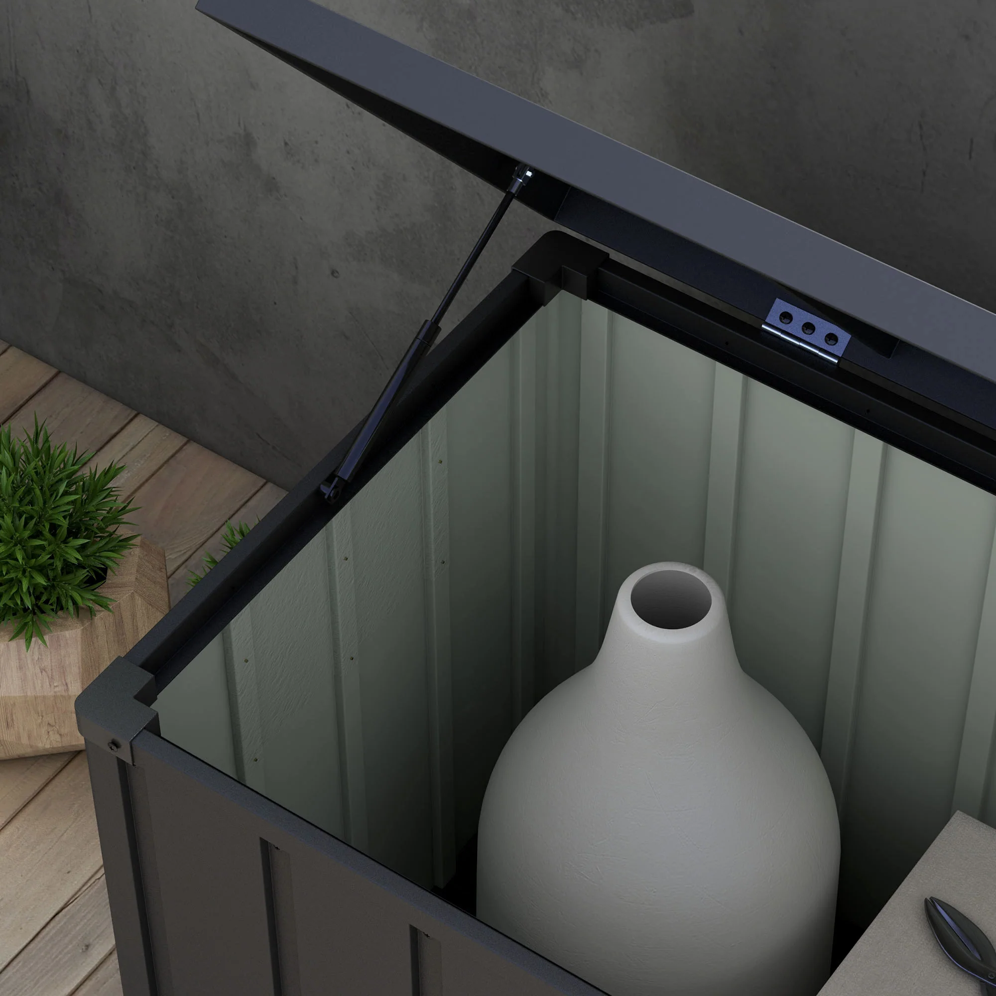 450L Outdoor Storage Box, Lockable Metal Storage Box with Wheels & Handles, Dark Grey - Image 11