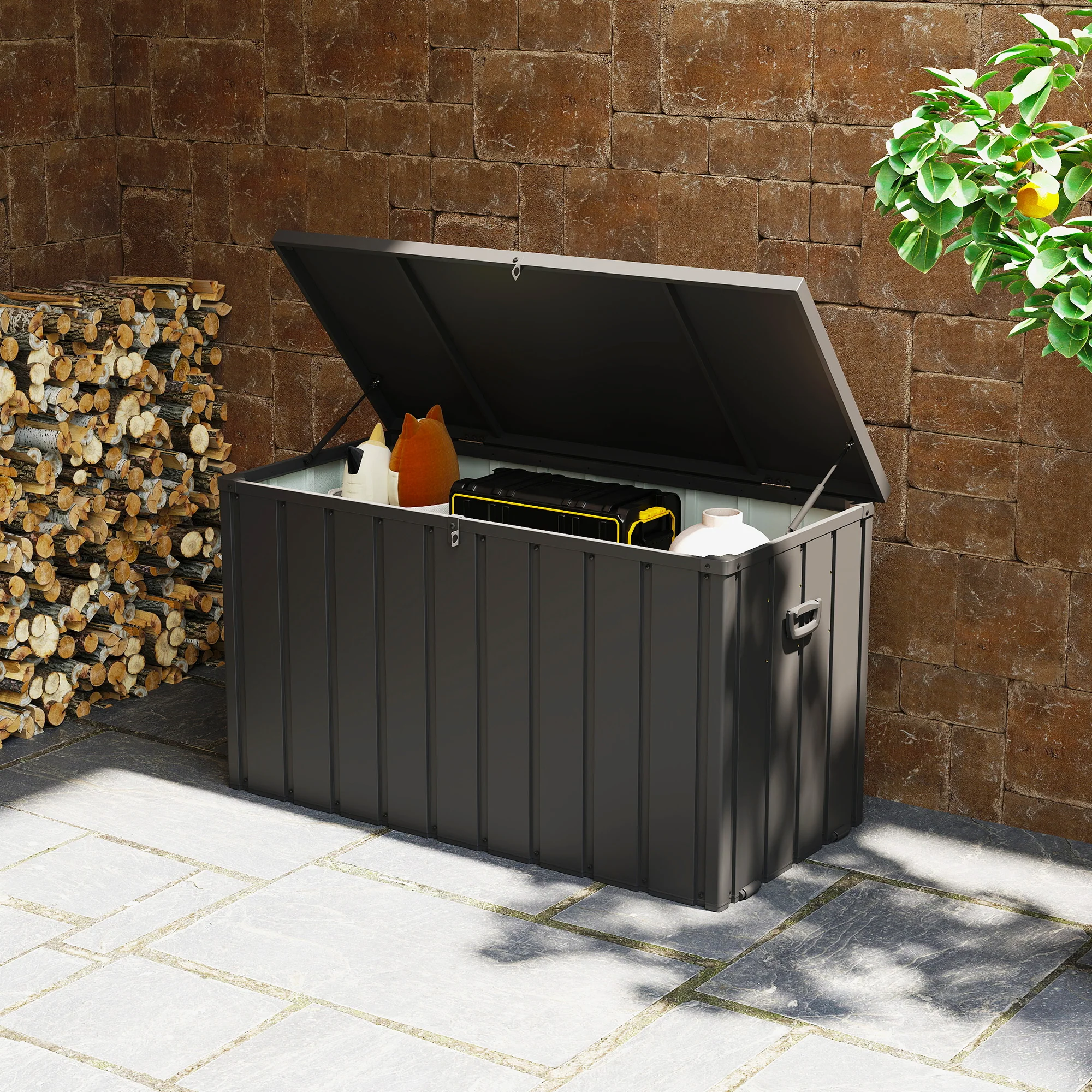 450L Outdoor Storage Box, Lockable Metal Storage Box with Wheels & Handles, Dark Grey - Image 3