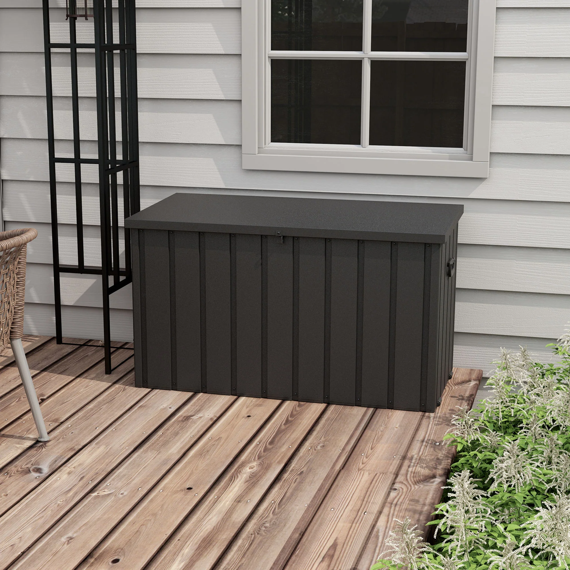 450L Outdoor Storage Box, Lockable Metal Storage Box with Wheels & Handles, Dark Grey - Image 4