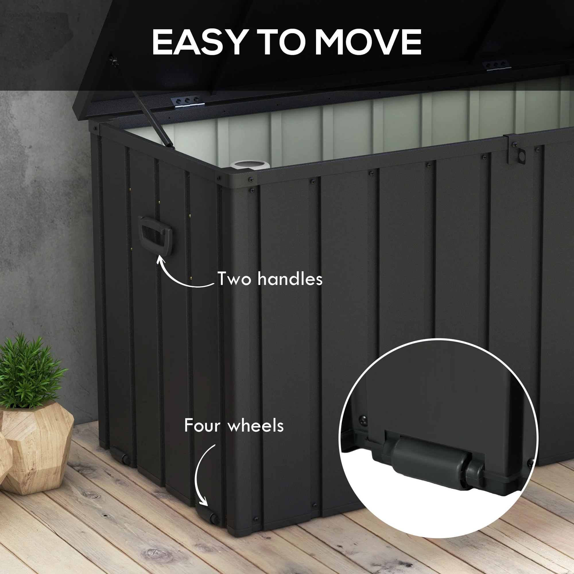 450L Outdoor Storage Box, Lockable Metal Storage Box with Wheels & Handles, Dark Grey - Image 6