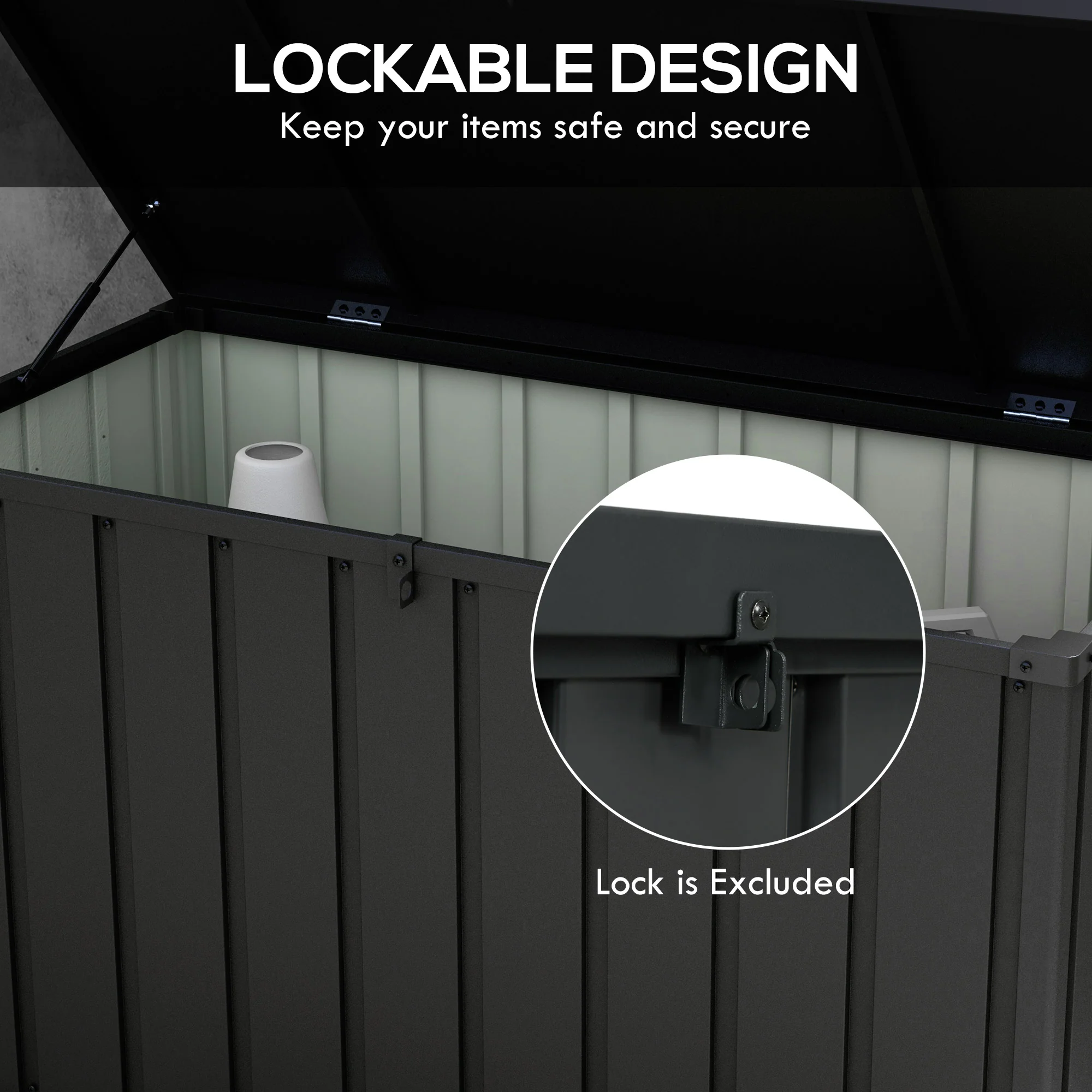 450L Outdoor Storage Box, Lockable Metal Storage Box with Wheels & Handles, Dark Grey - Image 9