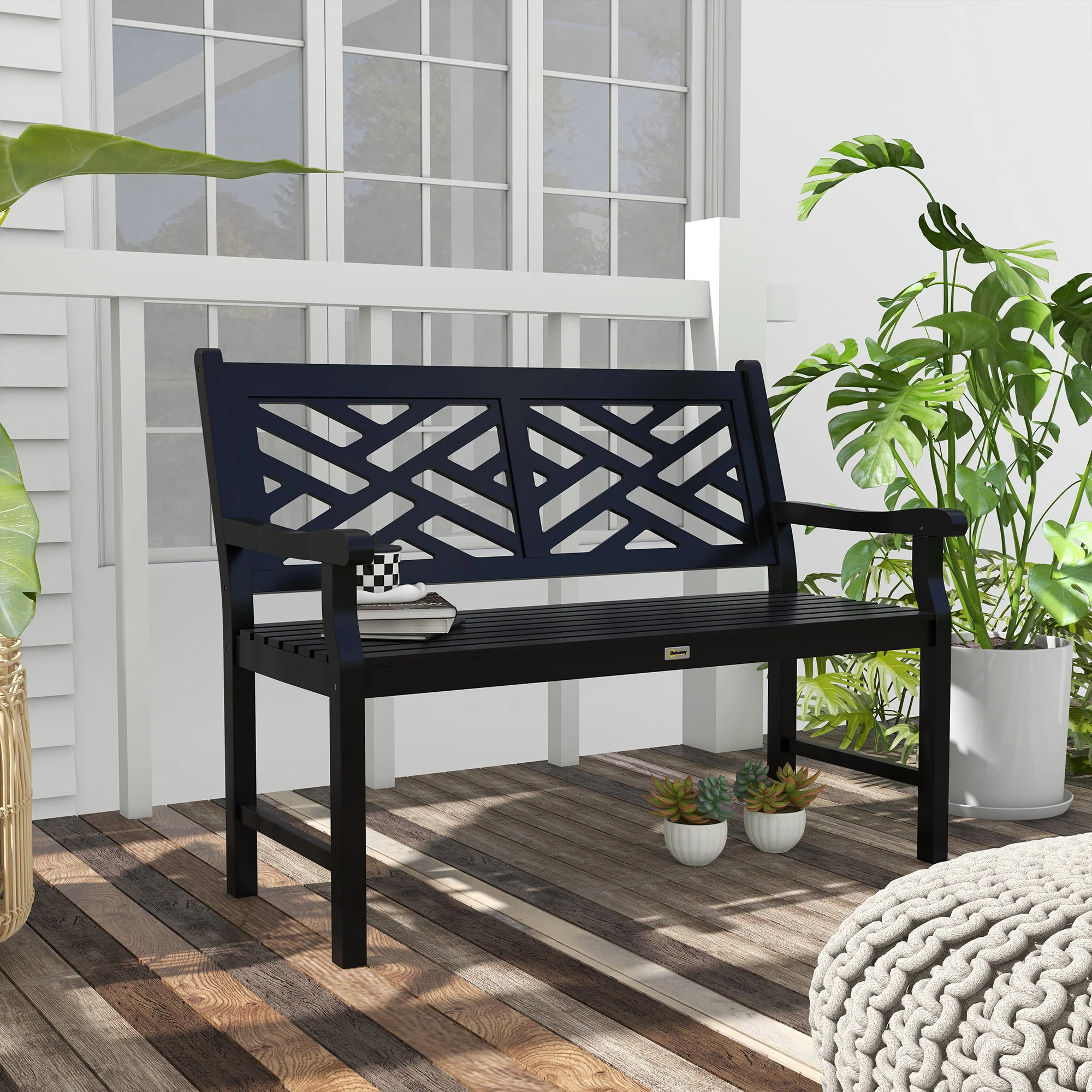46" Outdoor Bench, 2 Seater Wooden Patio Loveseat with Slatted Frame and Armrests, Black - Image 4