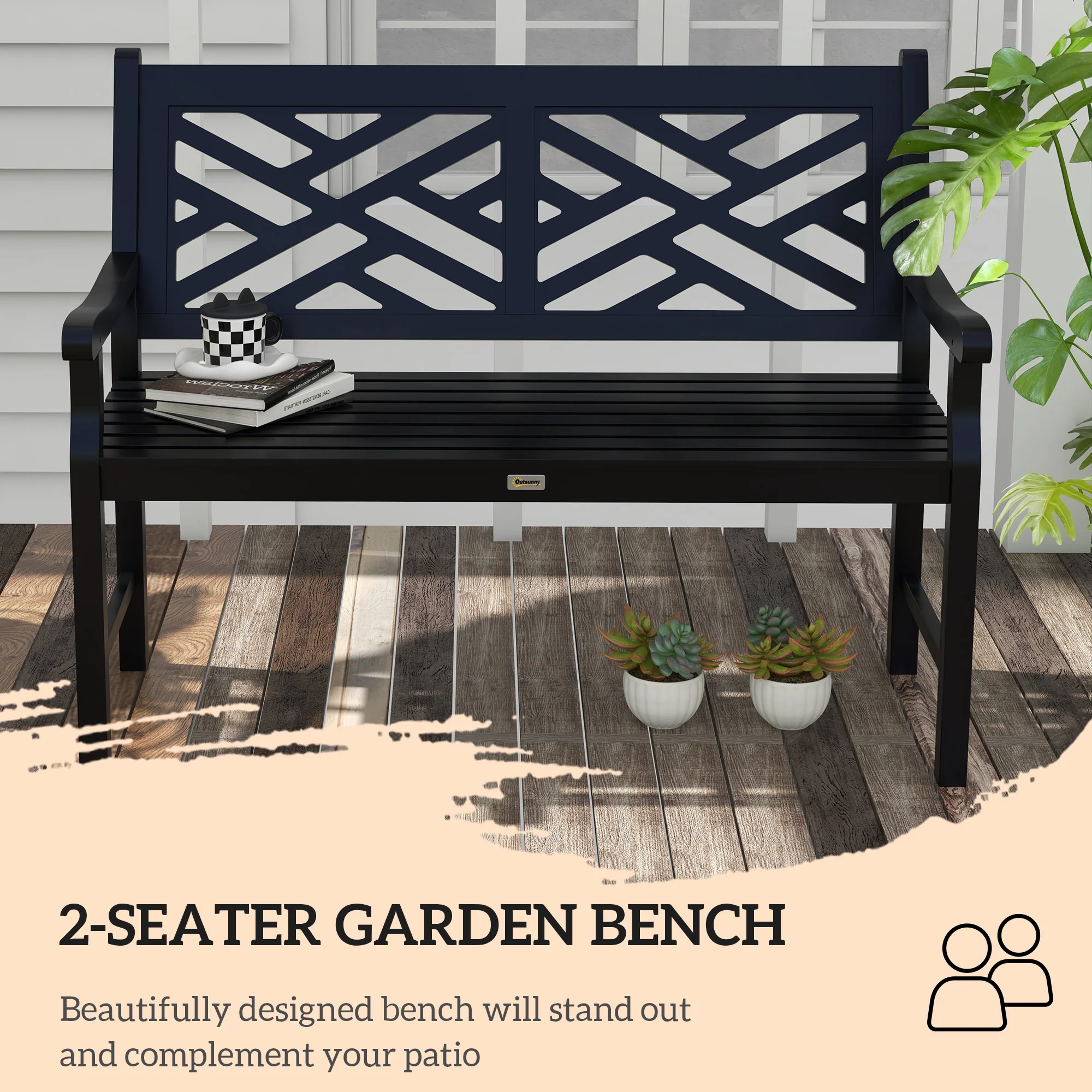 46" Outdoor Bench, 2 Seater Wooden Patio Loveseat with Slatted Frame and Armrests, Black - Image 7