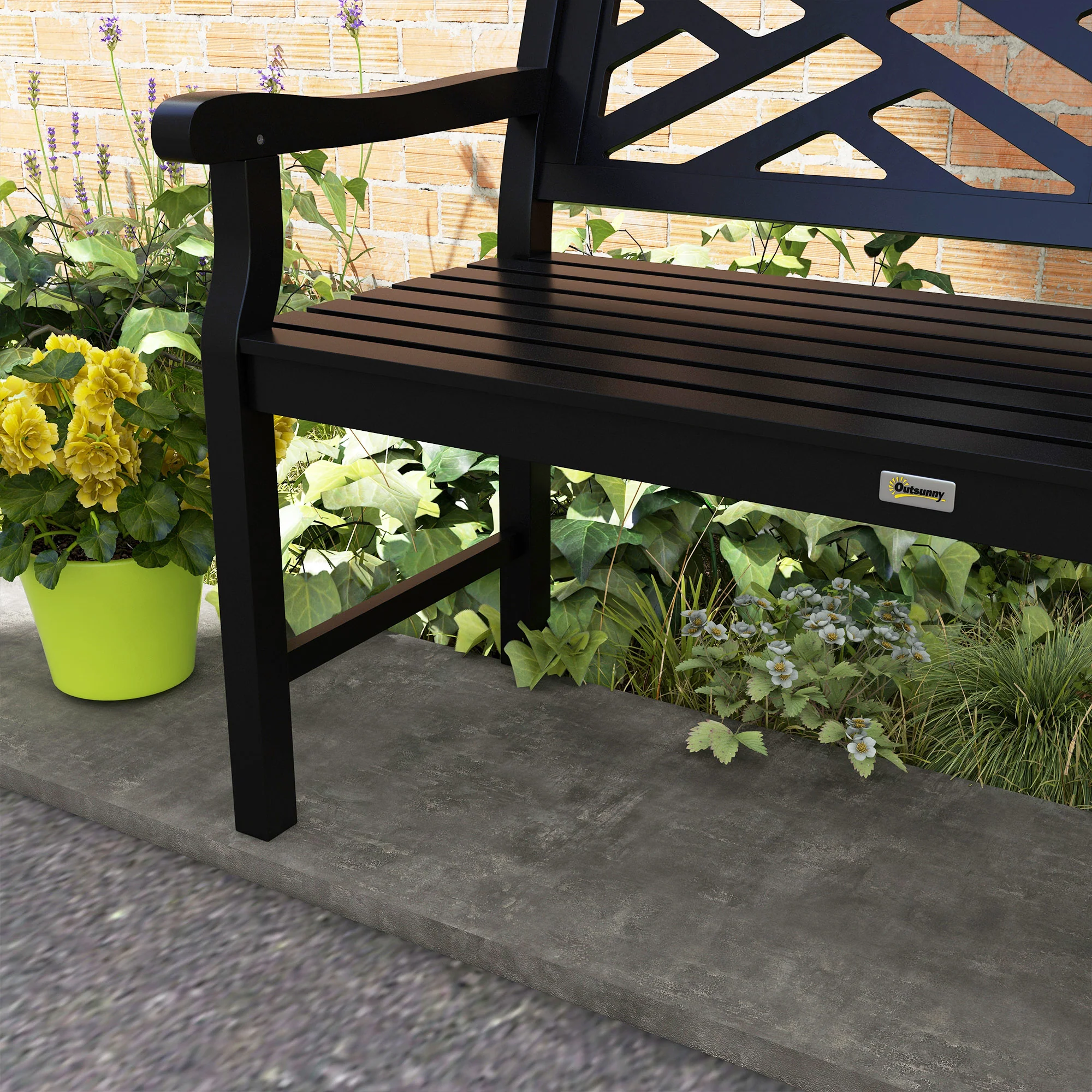 46" Outdoor Bench, 2 Seater Wooden Patio Loveseat with Slatted Frame and Armrests, Black - Image 9