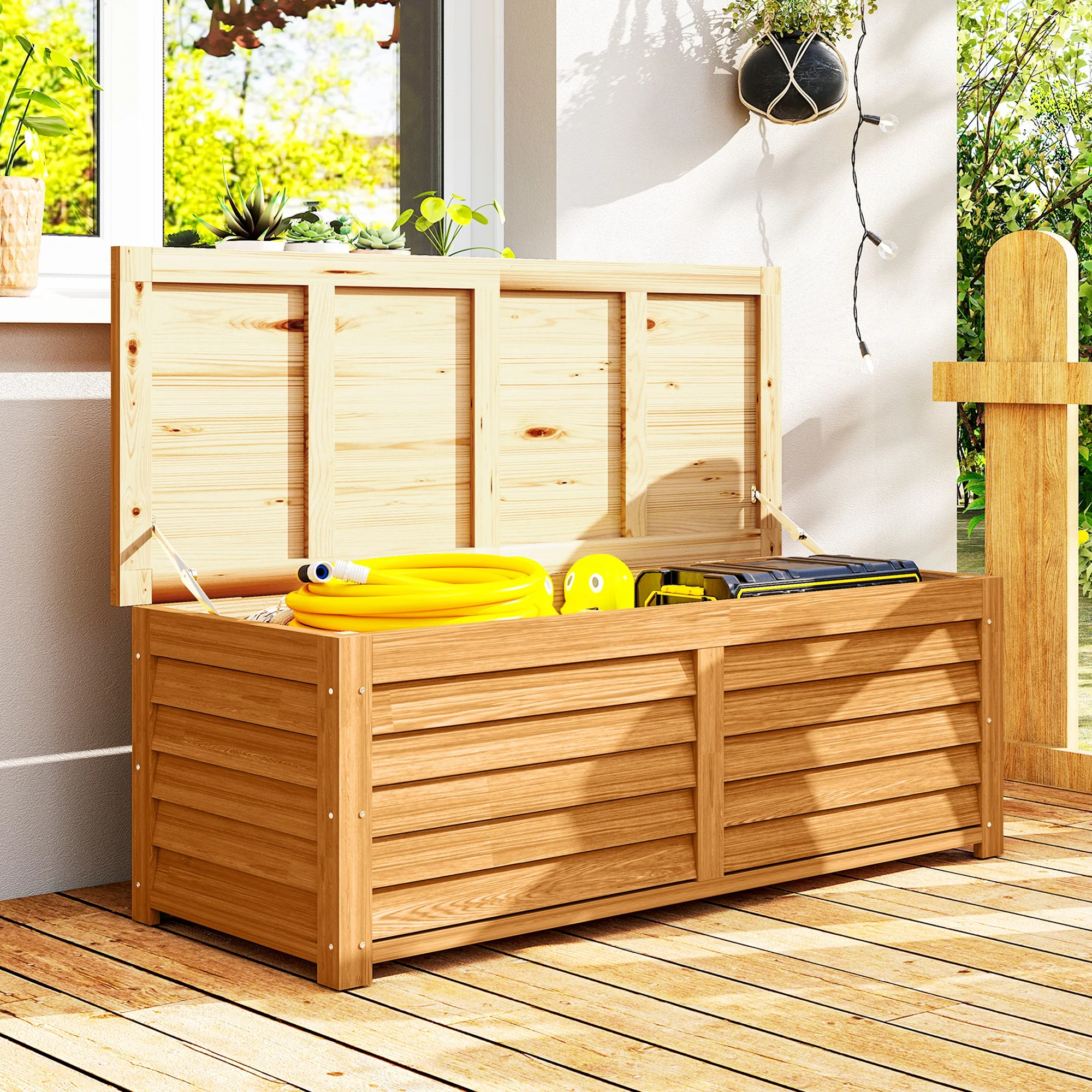 47" Light Brown Wooden Deck Box with Safety Hinges, 51.2" x 19.7" x 17.7", Light Brown