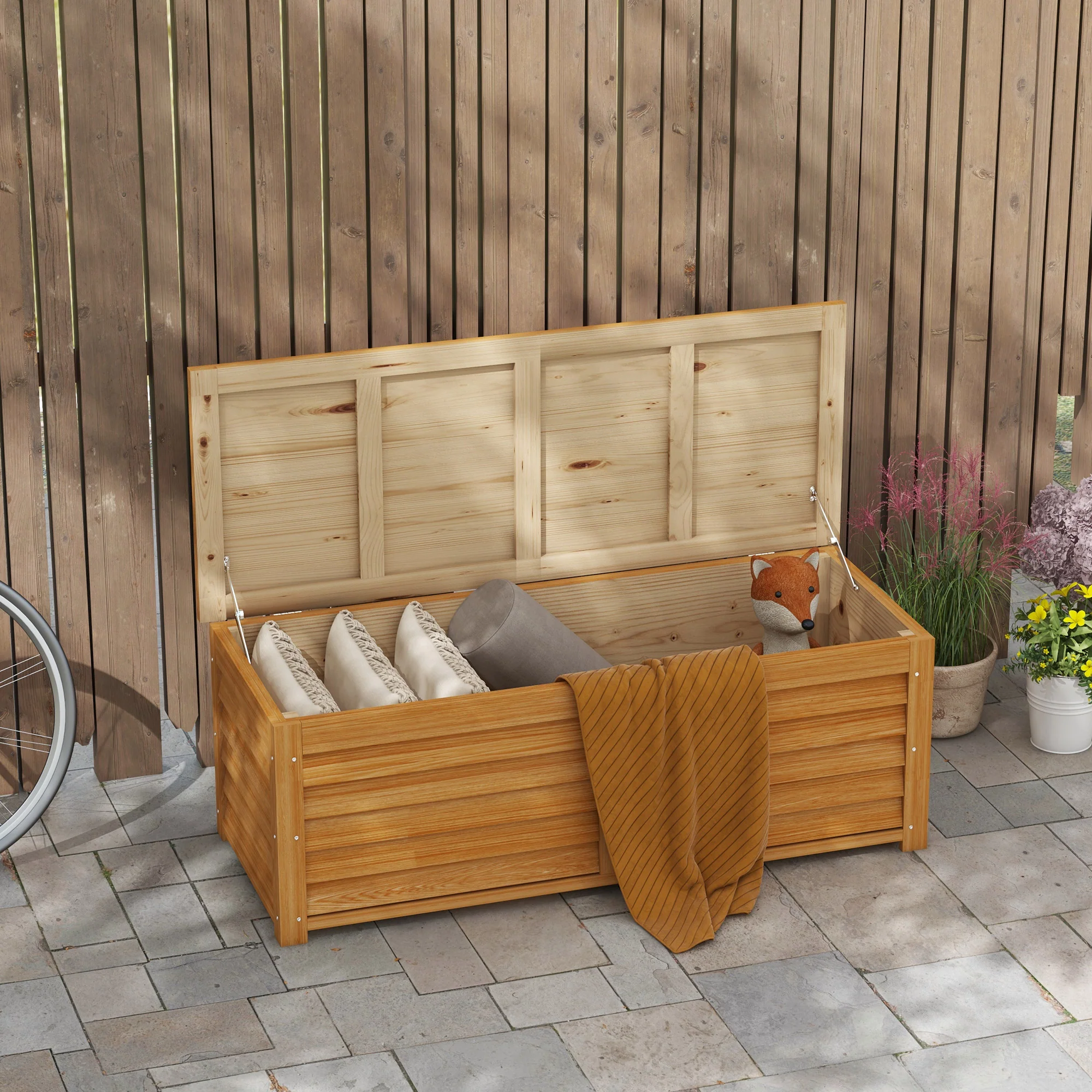 47" Light Brown Wooden Deck Box with Safety Hinges, 51.2" x 19.7" x 17.7", Light Brown - Image 4
